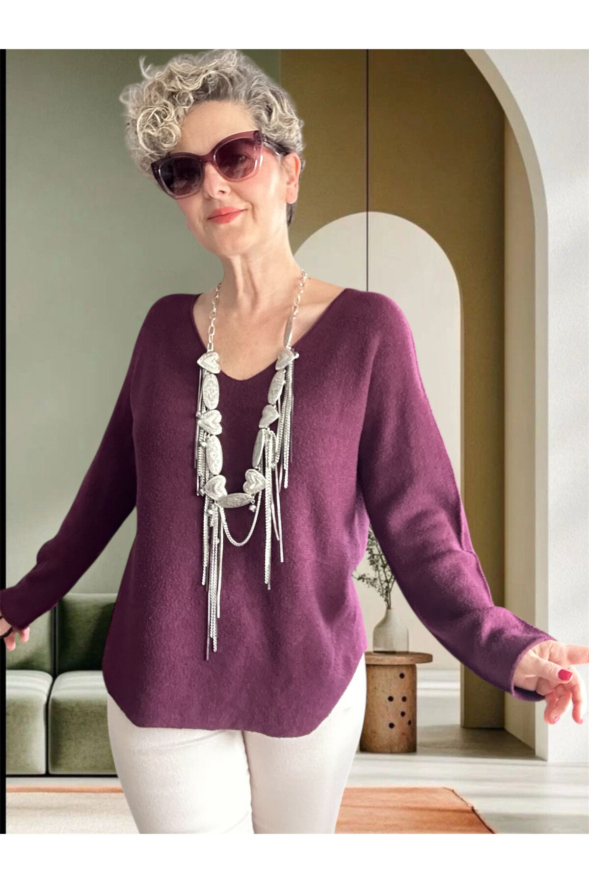 Fikka İtalyan V Yaka Angora Oval Triko Bordo