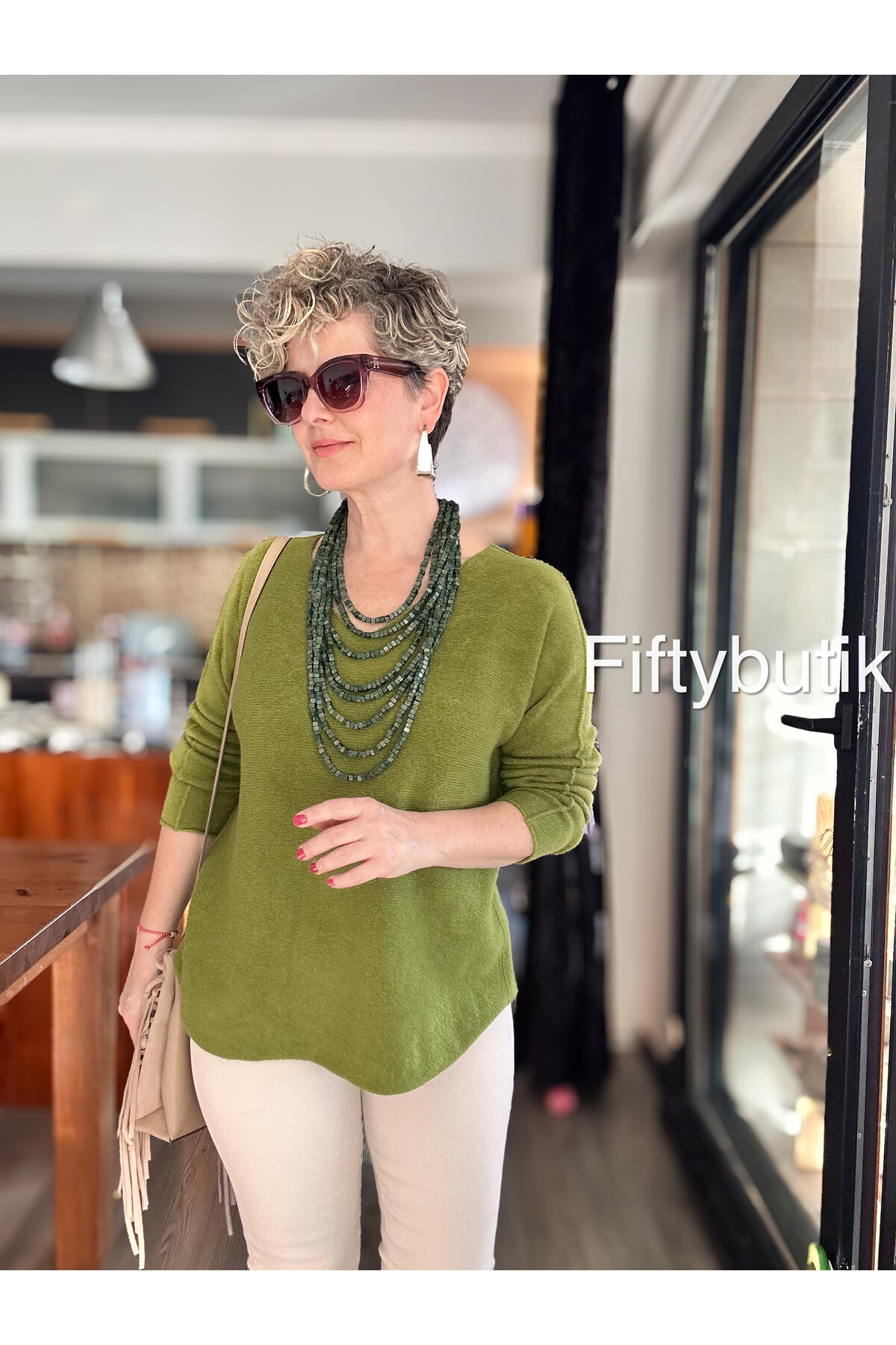 Fikka İtalyan V Yaka Angora Oval Triko Fıstık Yeşili