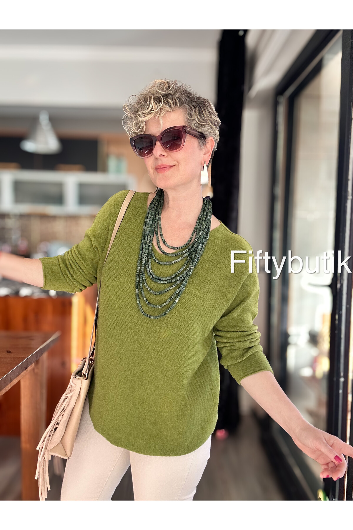 Fikka İtalyan V Yaka Angora Oval Triko Fıstık Yeşili