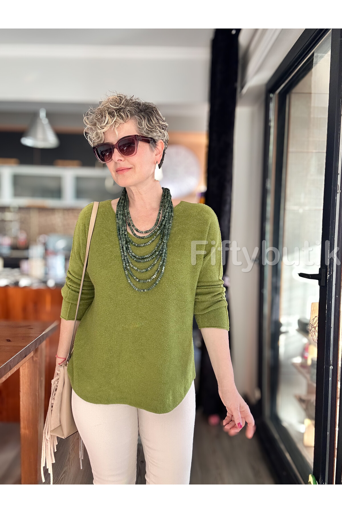 Fikka İtalyan V Yaka Angora Oval Triko Fıstık Yeşili