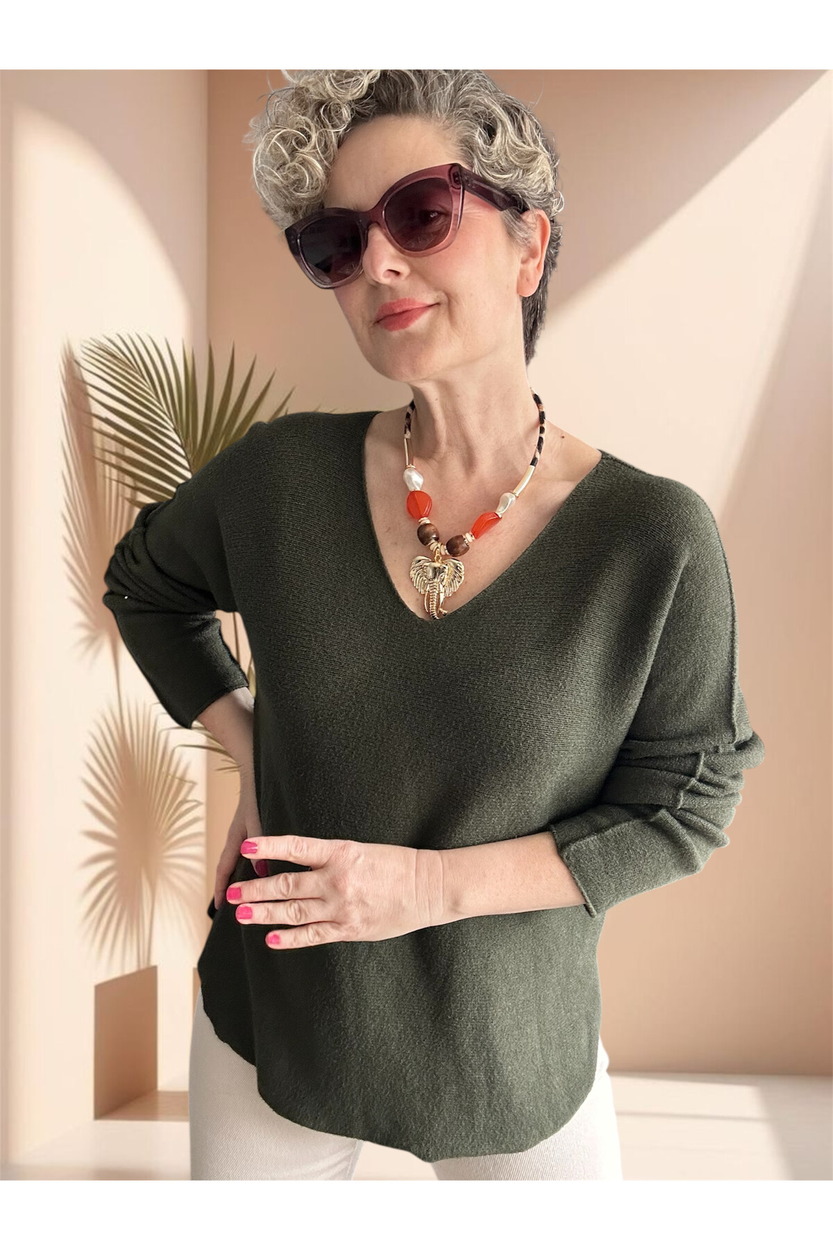 Fikka İtalyan V Yaka Angora Oval Triko Haki Yeşil