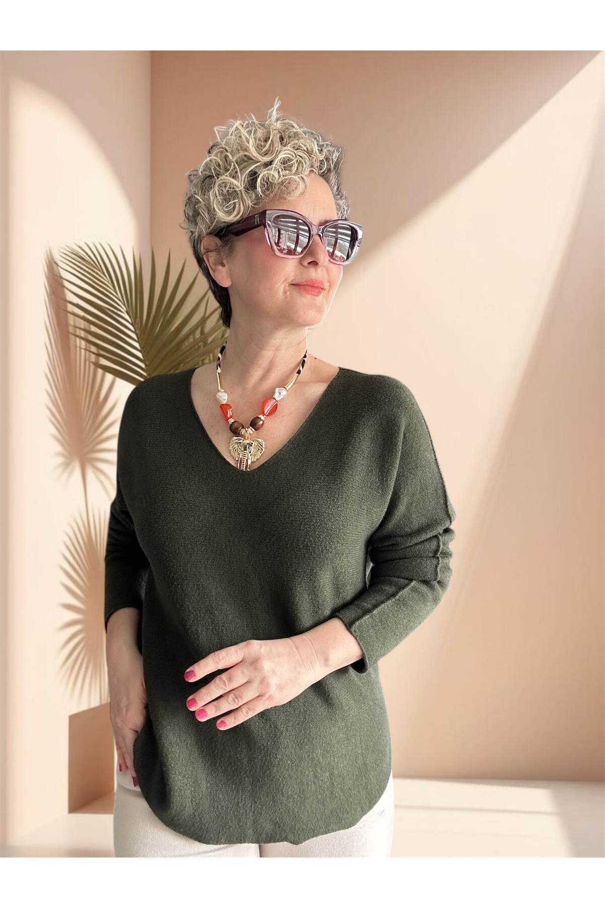 Fikka İtalyan V Yaka Angora Oval Triko Haki Yeşil