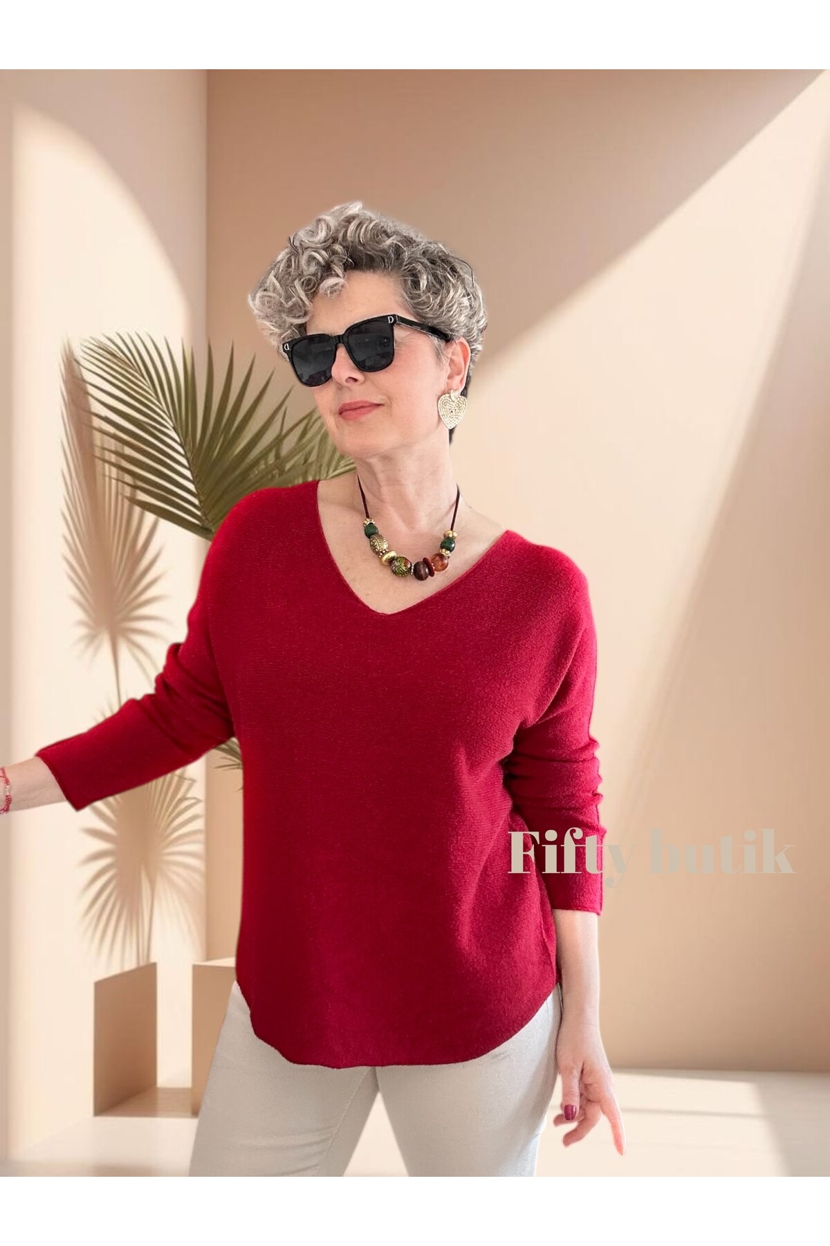 Fikka İtalyan V Yaka Angora Oval Triko İndian Red