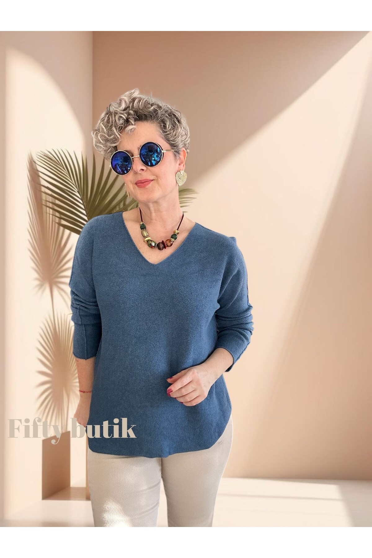 Fikka İtalyan V Yaka Angora Oval Triko İndigo Mavi