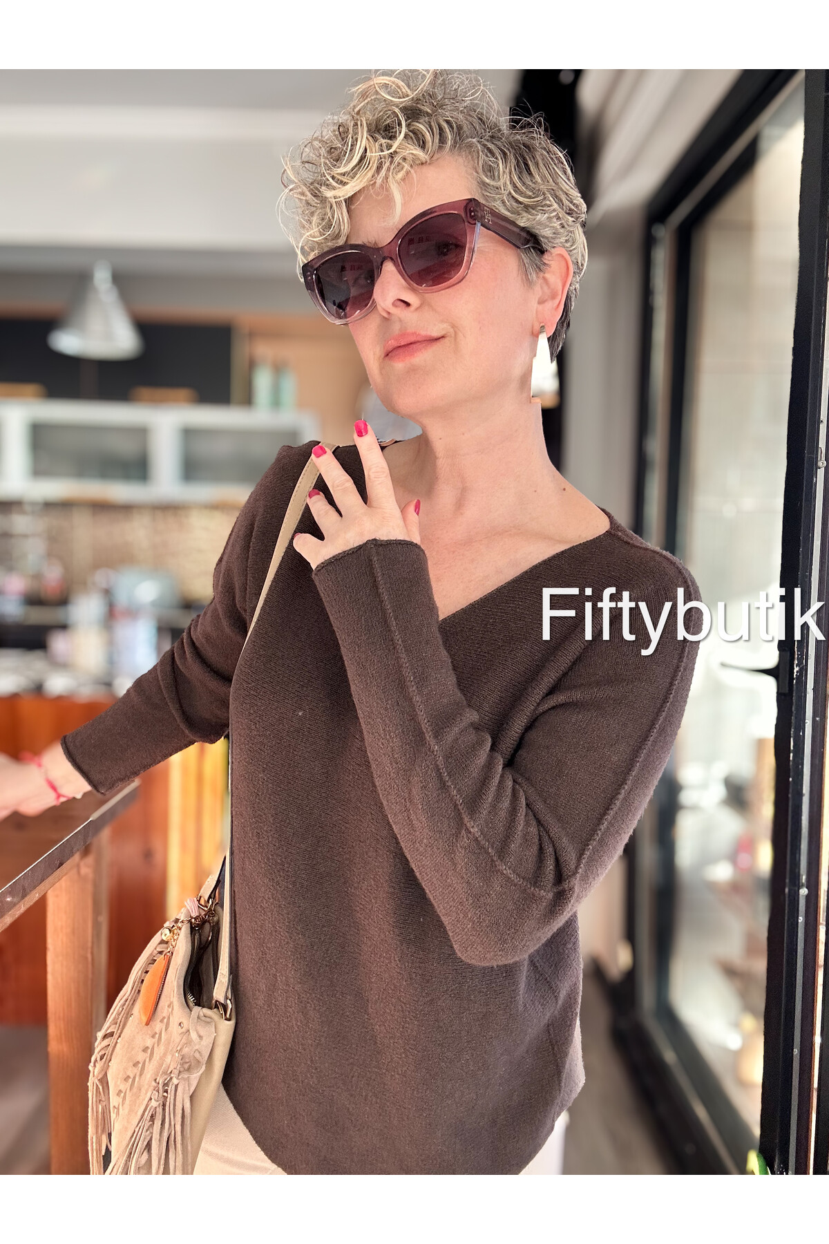 Fikka İtalyan V Yaka Angora Oval Triko Kahve