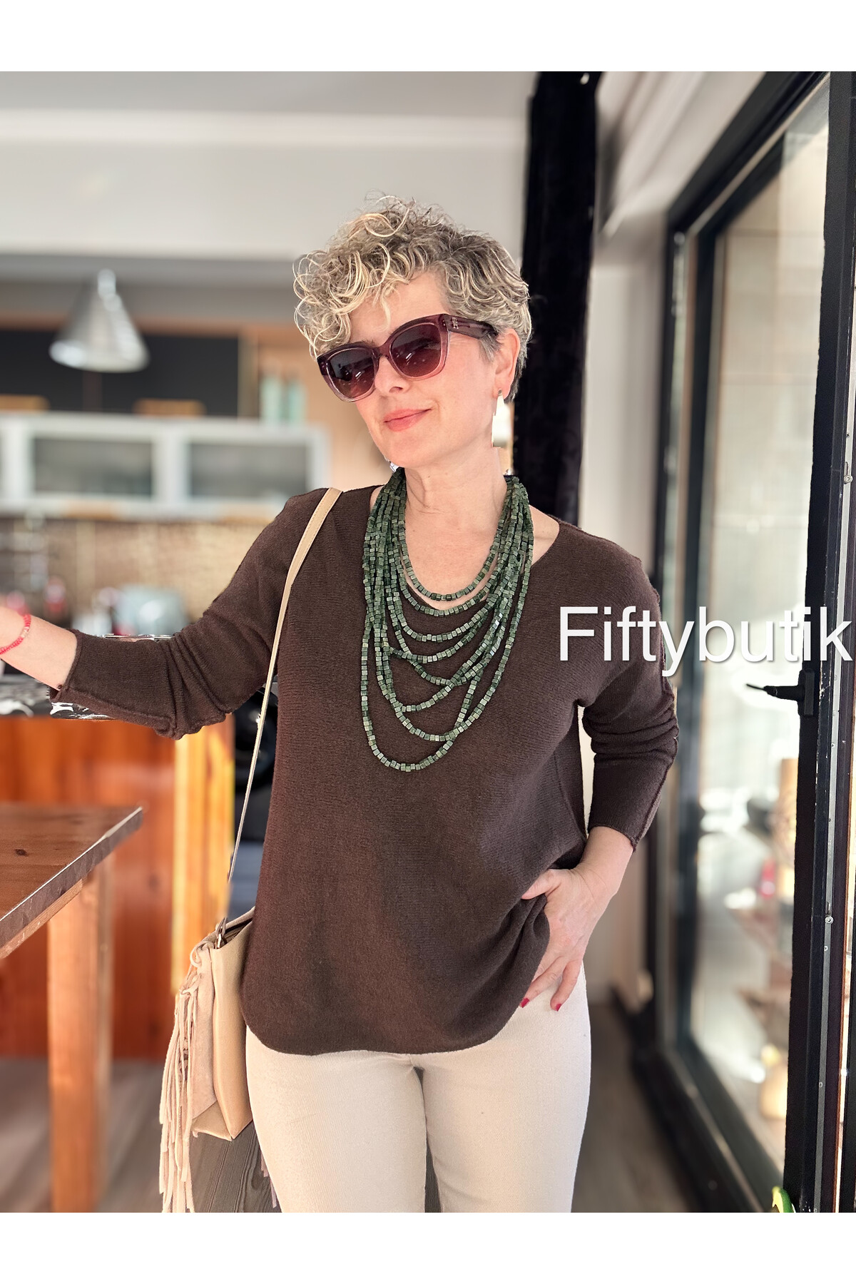 Fikka İtalyan V Yaka Angora Oval Triko Kahve