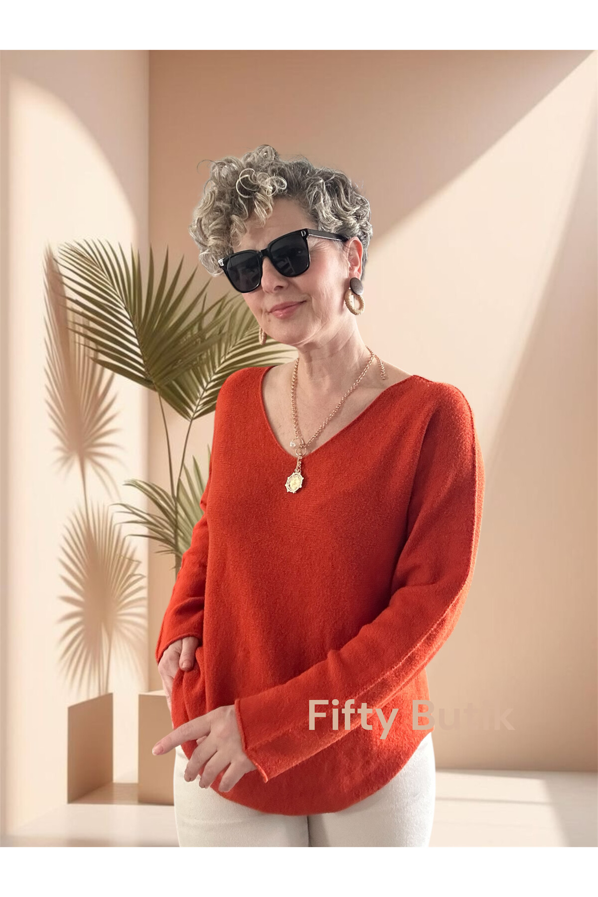 Fikka İtalyan V Yaka Angora Oval Triko Kiremit