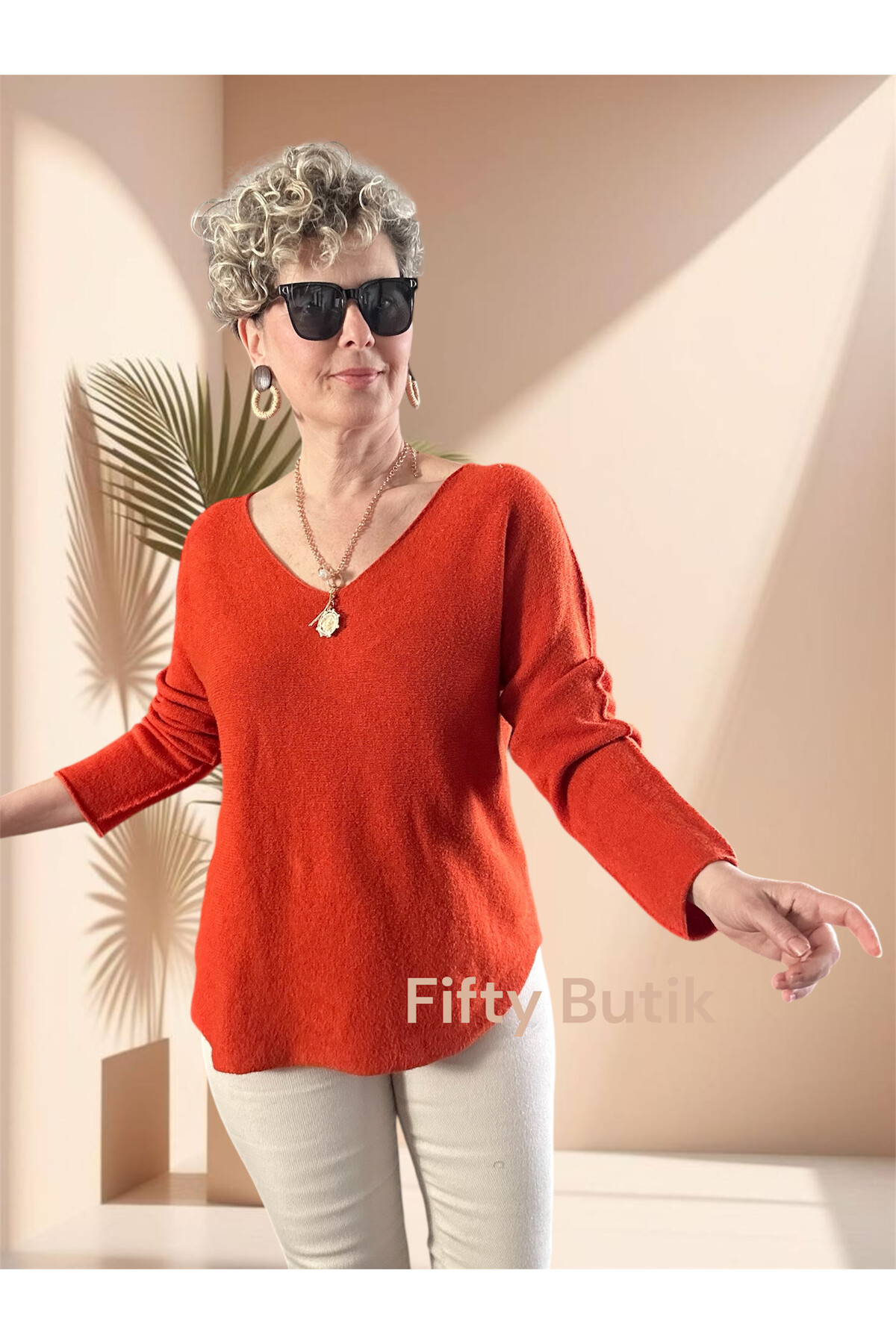 Fikka İtalyan V Yaka Angora Oval Triko Kiremit