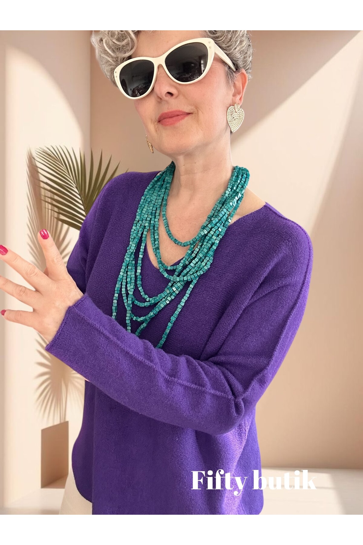 Fikka İtalyan V Yaka Angora Oval Triko Mor