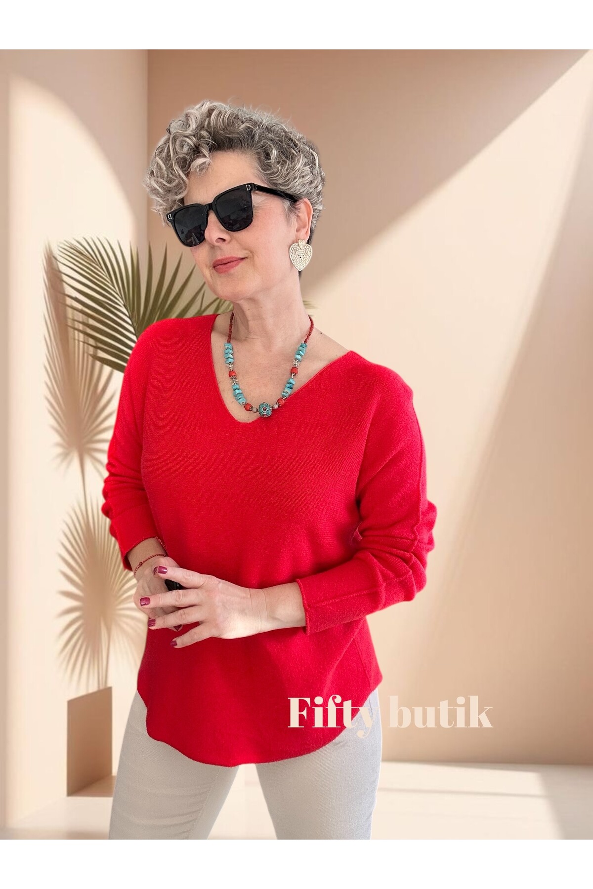 Fikka İtalyan V Yaka Angora Oval Triko Nar Çiçeği