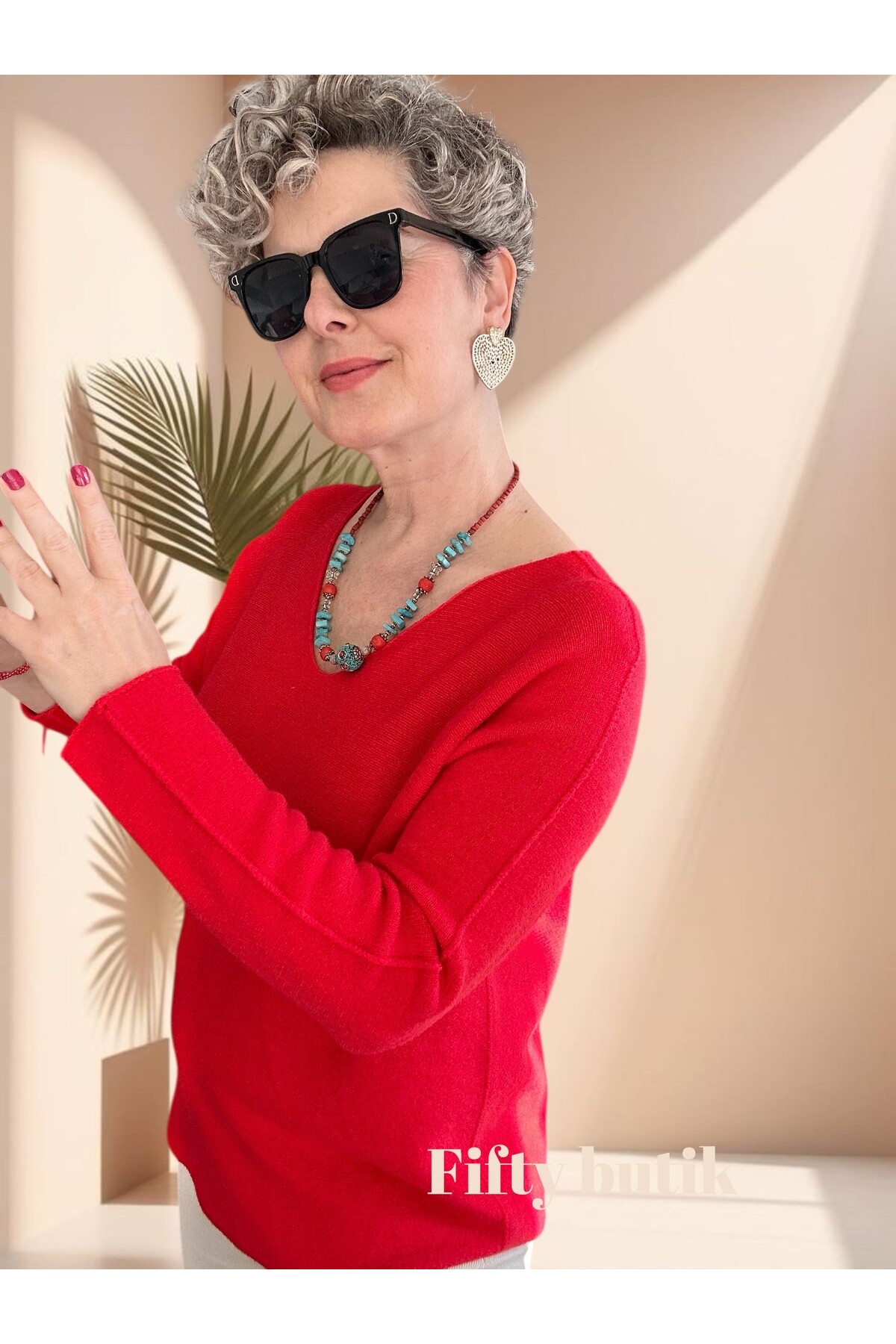 Fikka İtalyan V Yaka Angora Oval Triko Nar Çiçeği