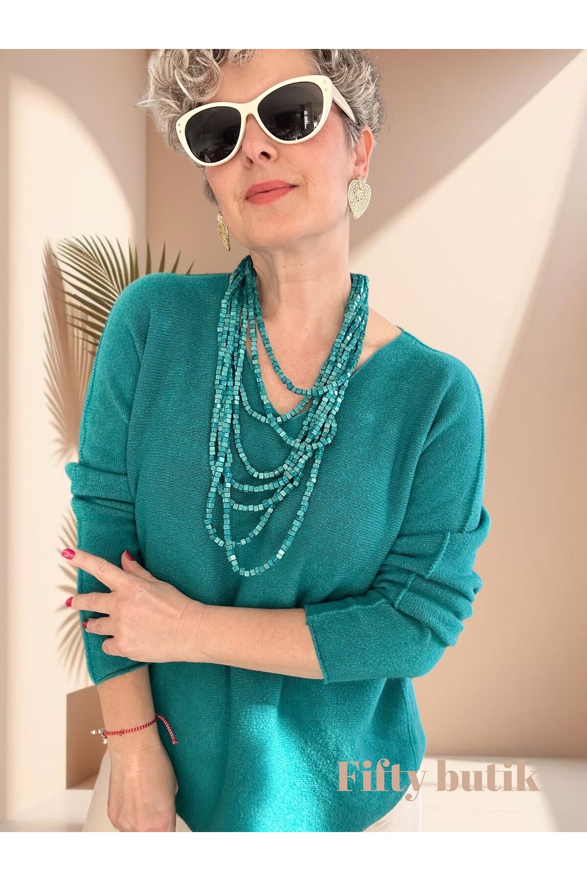 Fikka İtalyan V Yaka Angora Oval Triko Turkuaz