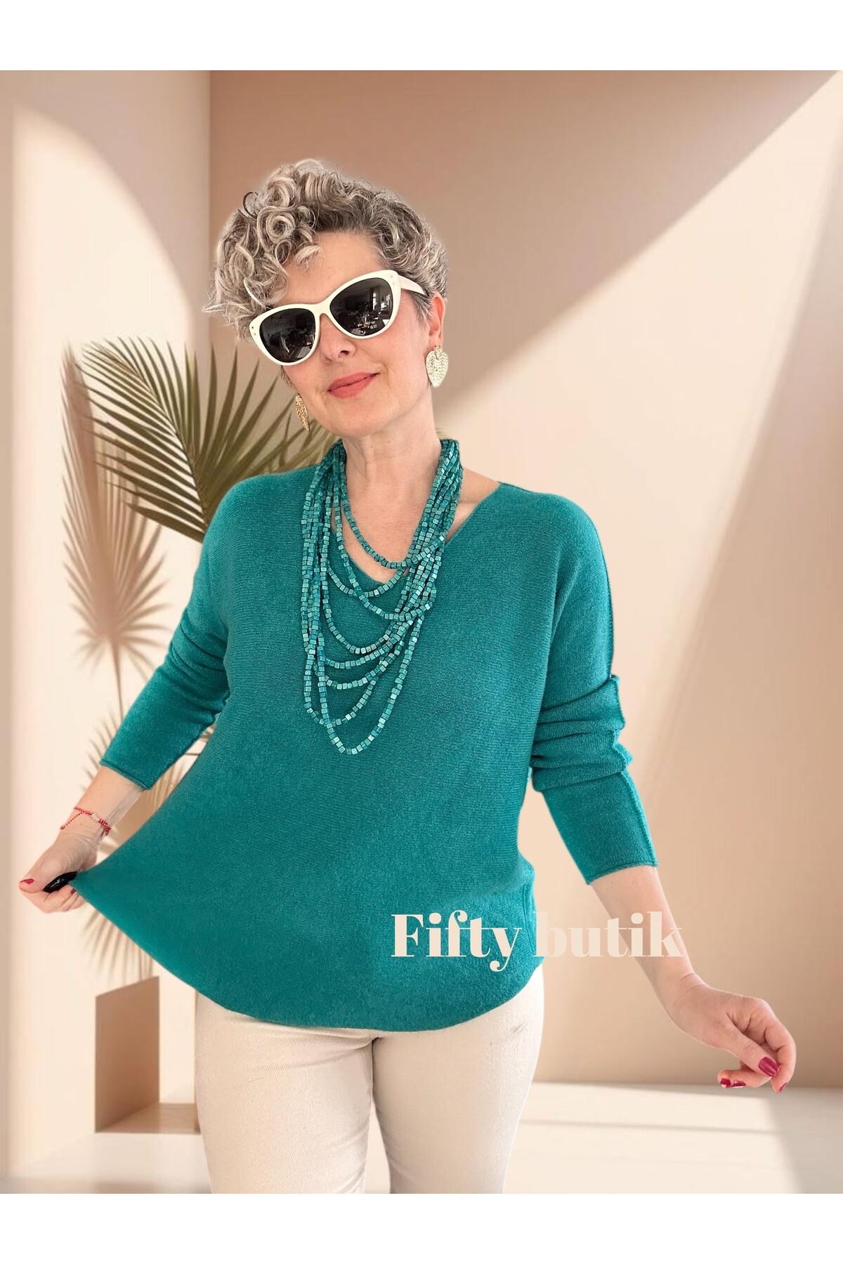 Fikka İtalyan V Yaka Angora Oval Triko Turkuaz