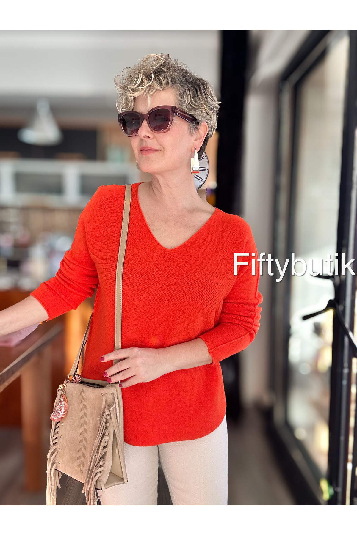 Fikka İtalyan V Yaka Angora Oval Triko Turuncu