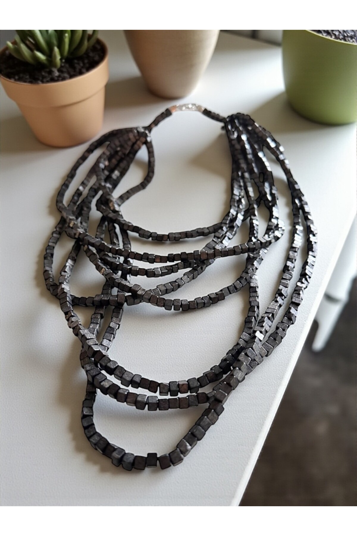 Füme Tahta Otantik Sekiz Sıra Kolye