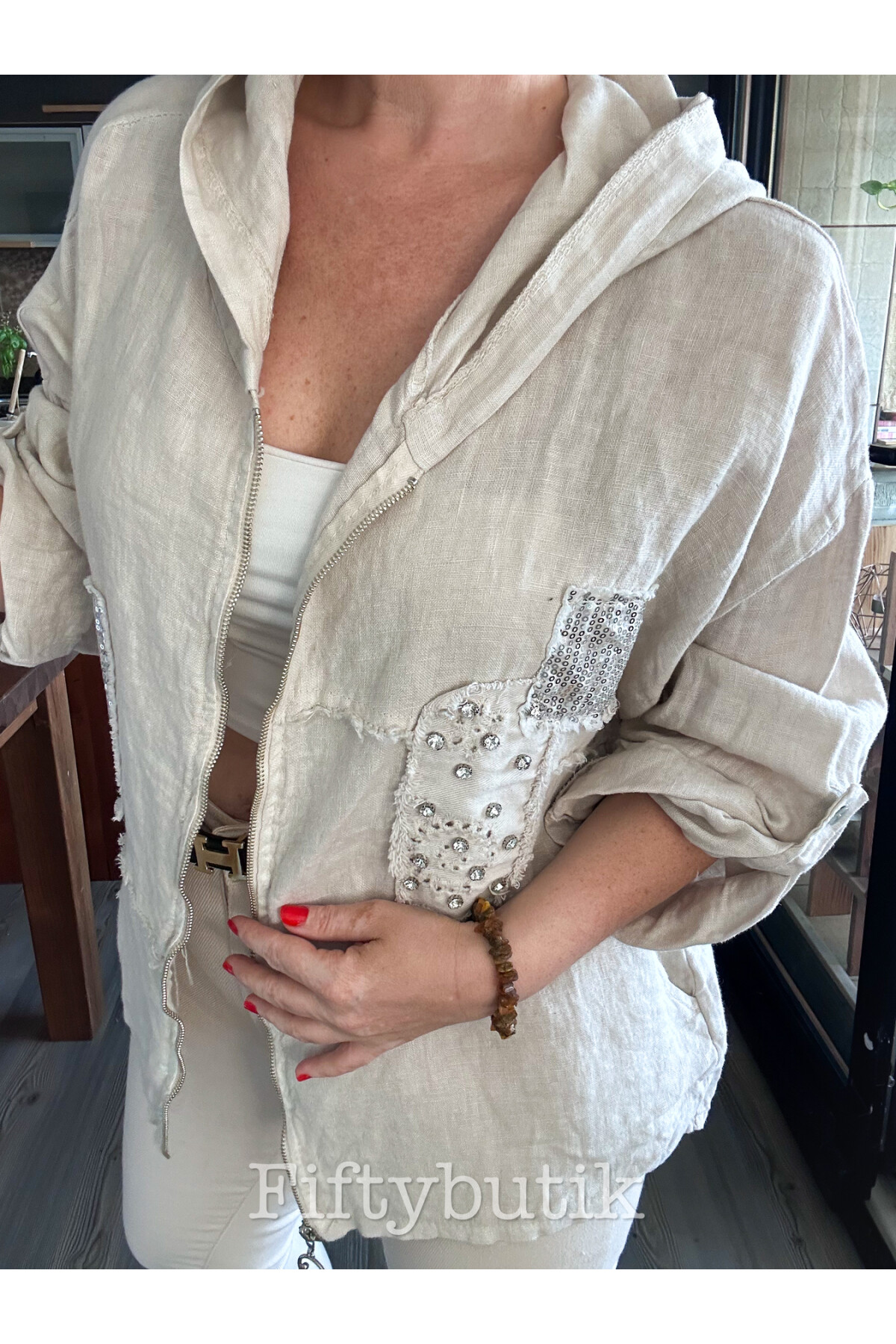 Gatto İtalyan Vip Kapşon Taş Payetli Ceket Beige