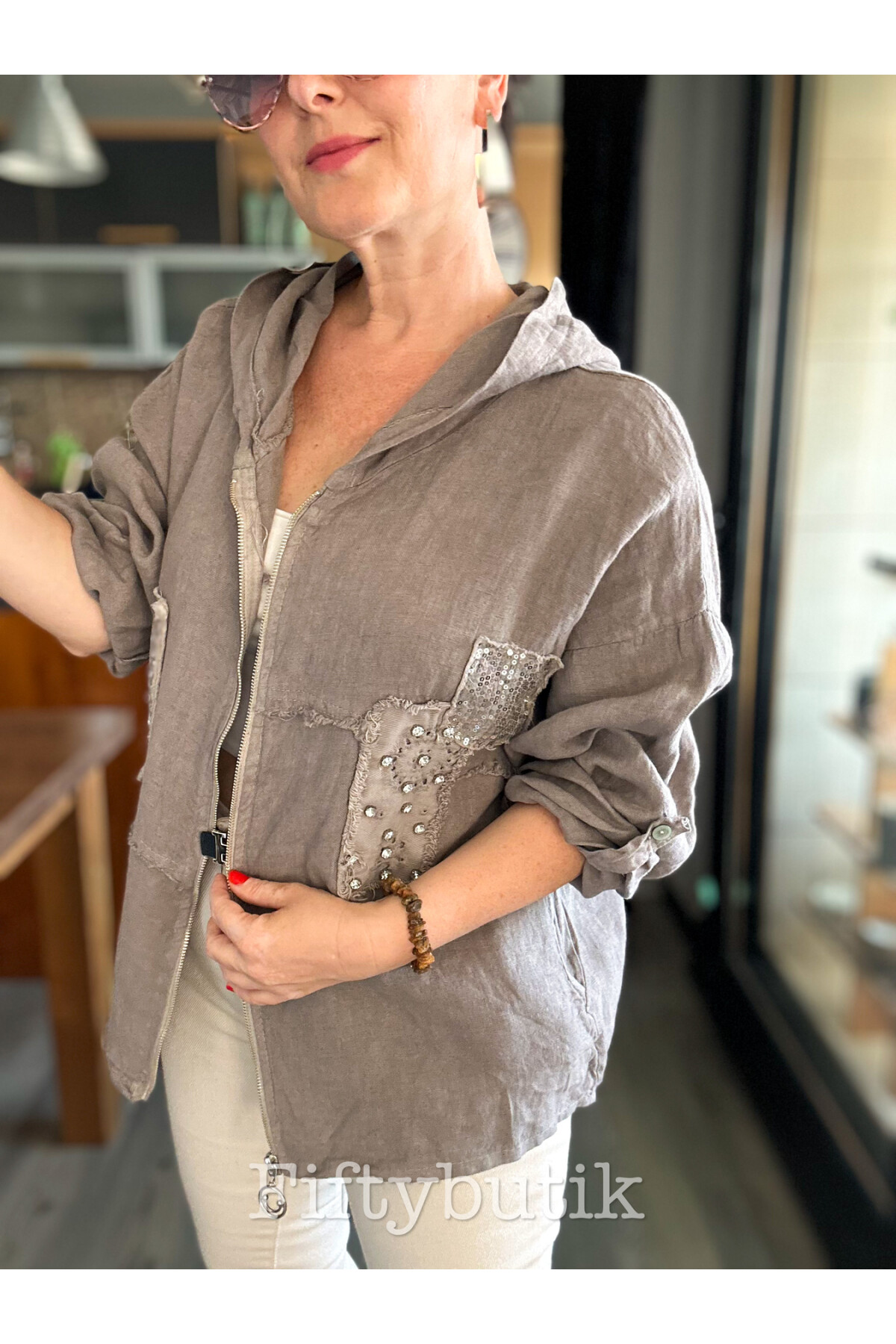 Gatto İtalyan Vip Kapşon Taş Payetli Ceket Vizon