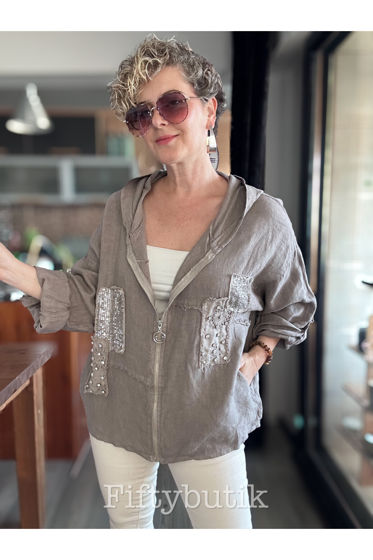 Gatto İtalyan Vip Kapşon Taş Payetli Ceket Vizon