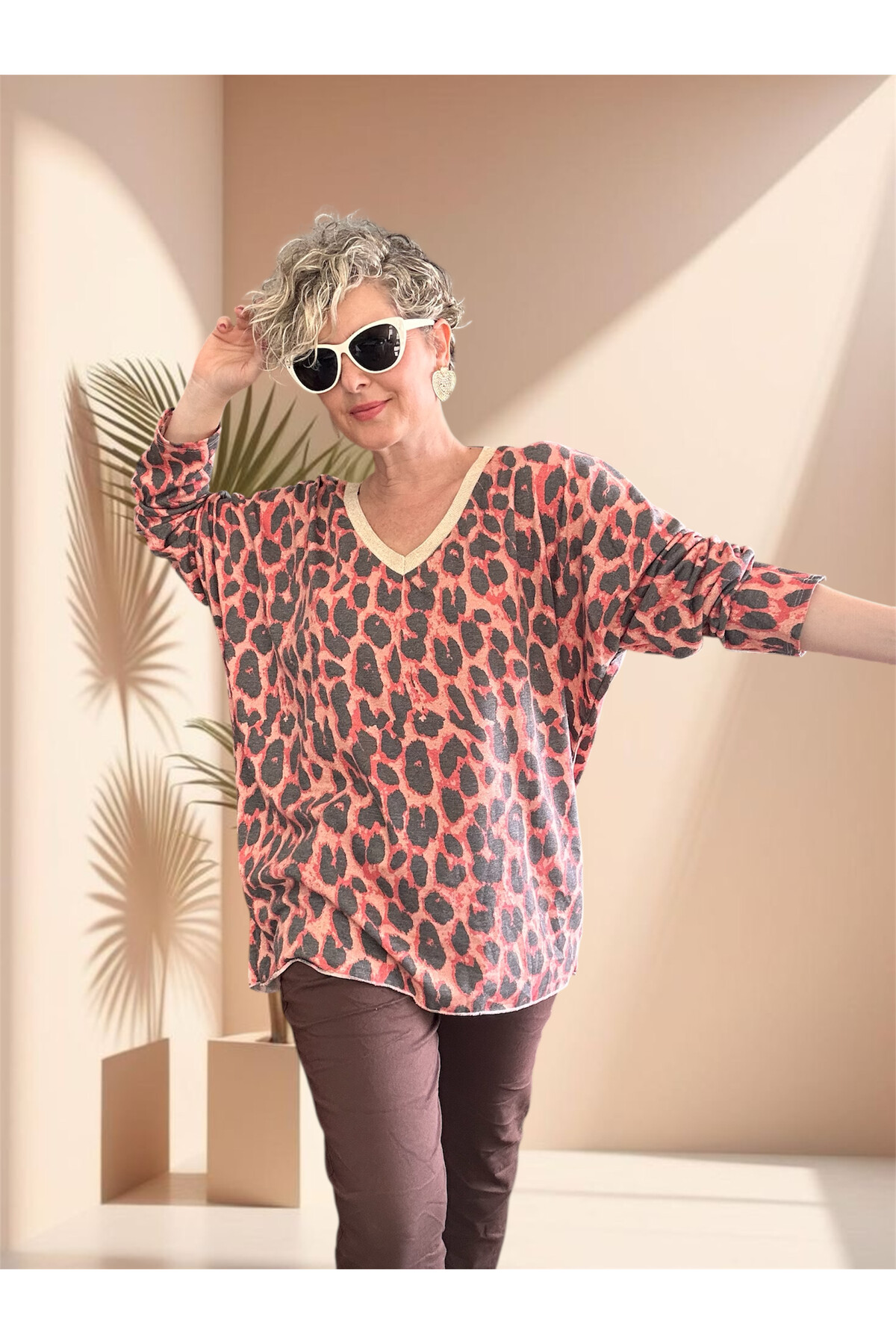 Hanna İtalyan Leopar Desen Simli Bluz Nar Çiçeği