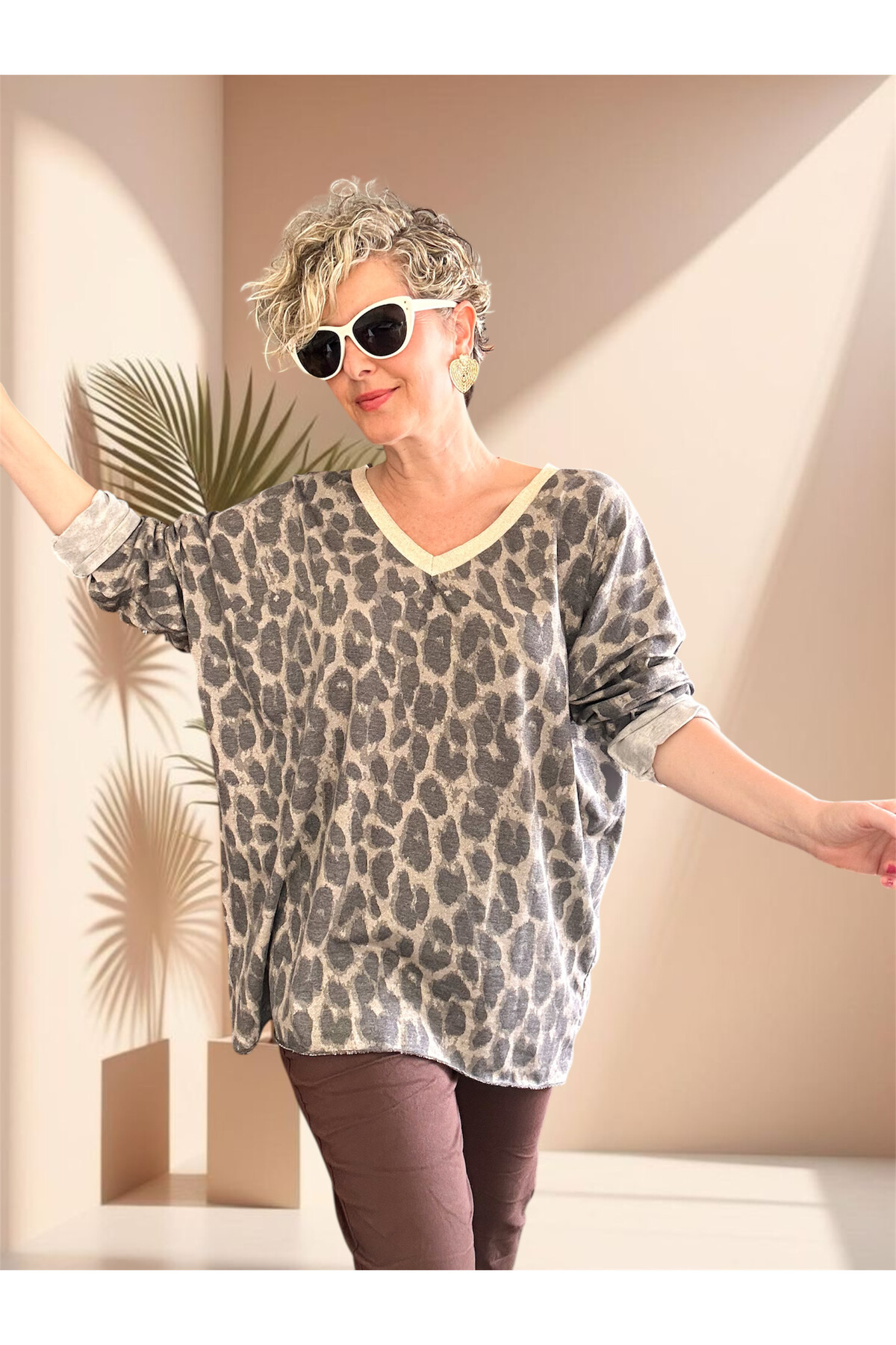 Hanna İtalyan Leopar Desen Simli Bluz Vizon