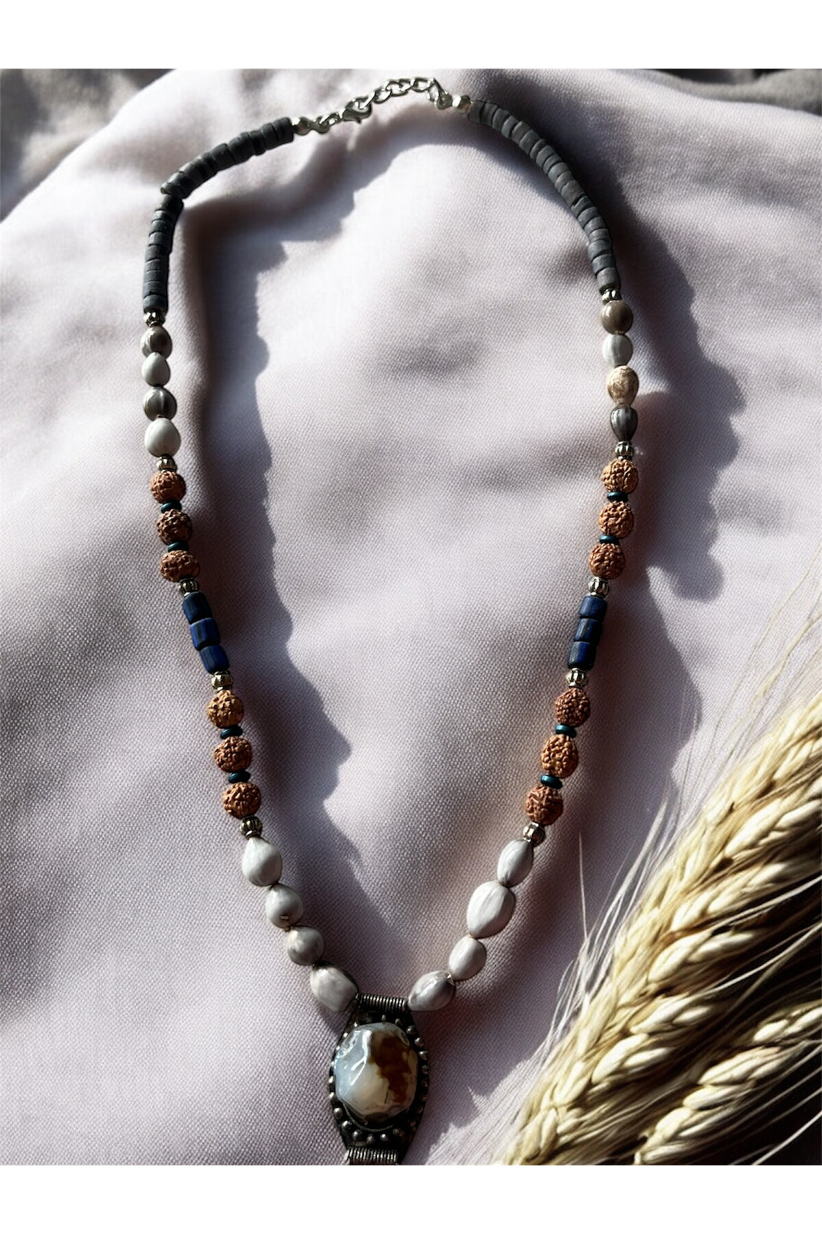 Julı Doğal Taş Pirinç Cam Etnik Kolye