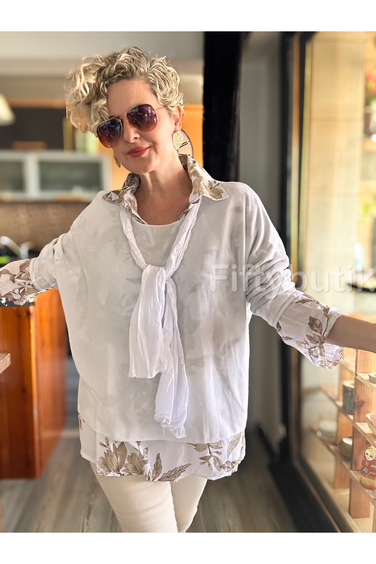 Julli İtalyan Gömlekli Bluz Triko Takım Beyaz