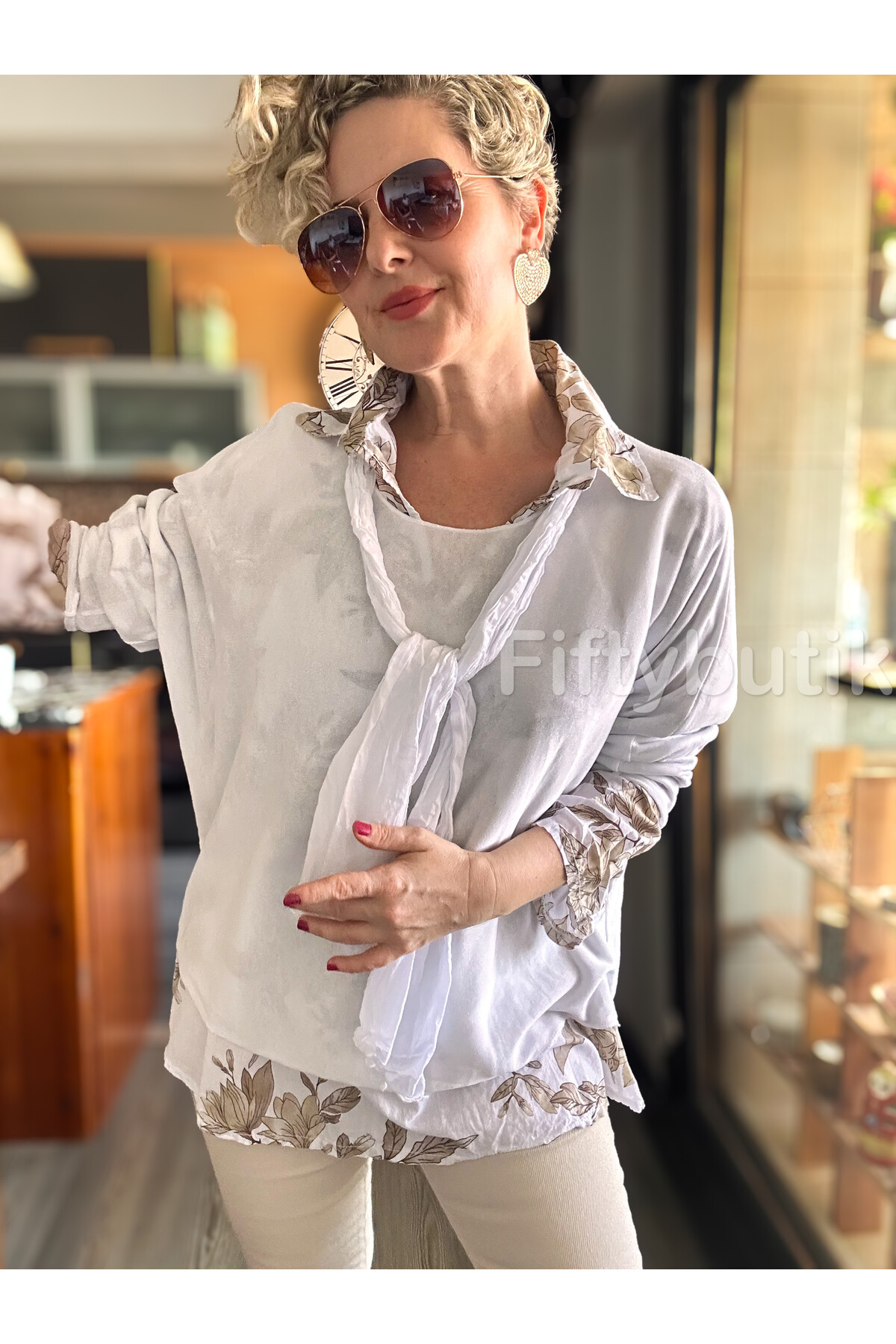 Julli İtalyan Gömlekli Bluz Triko Takım Beyaz