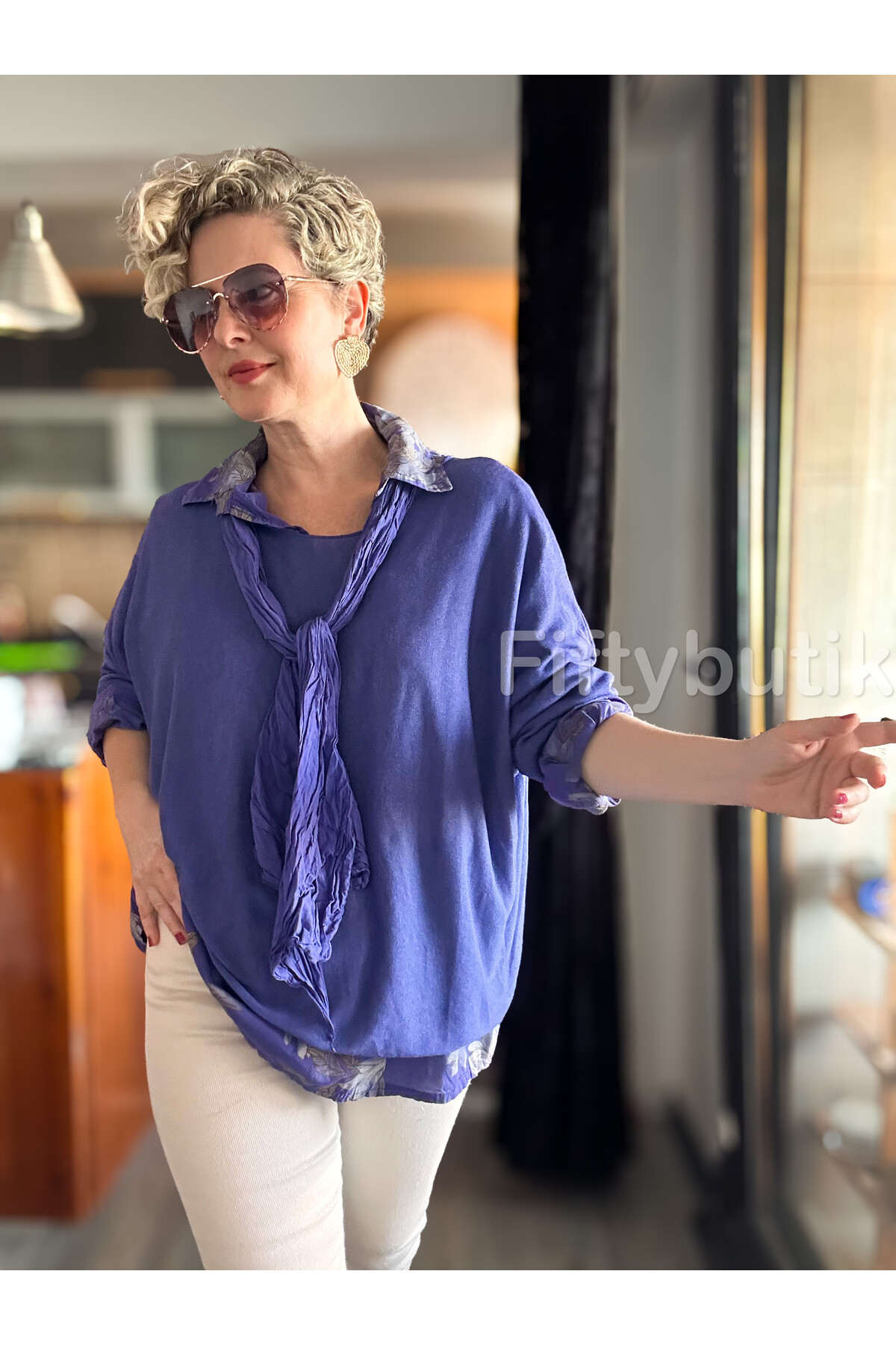 Julli İtalyan Gömlekli Bluz Triko Takım Mor