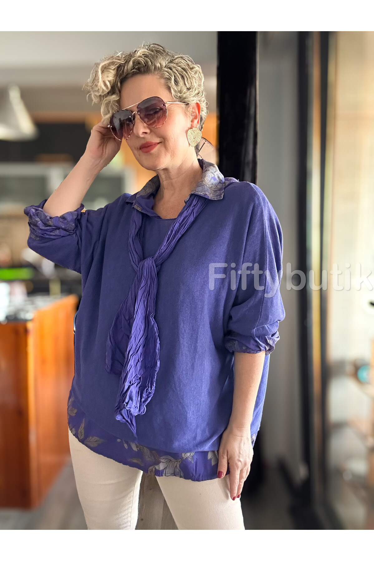 Julli İtalyan Gömlekli Bluz Triko Takım Mor