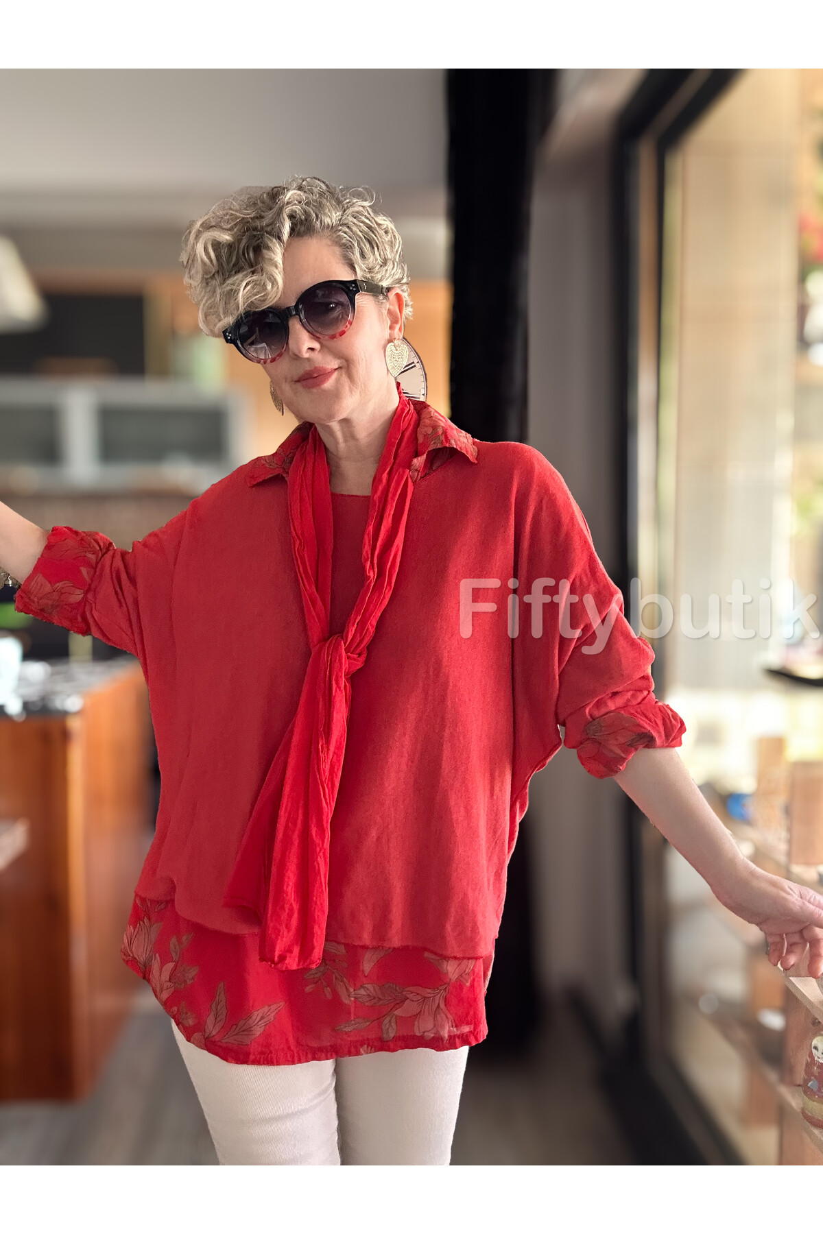 Julli İtalyan Gömlekli Bluz Triko Takım Nar Çiçeği