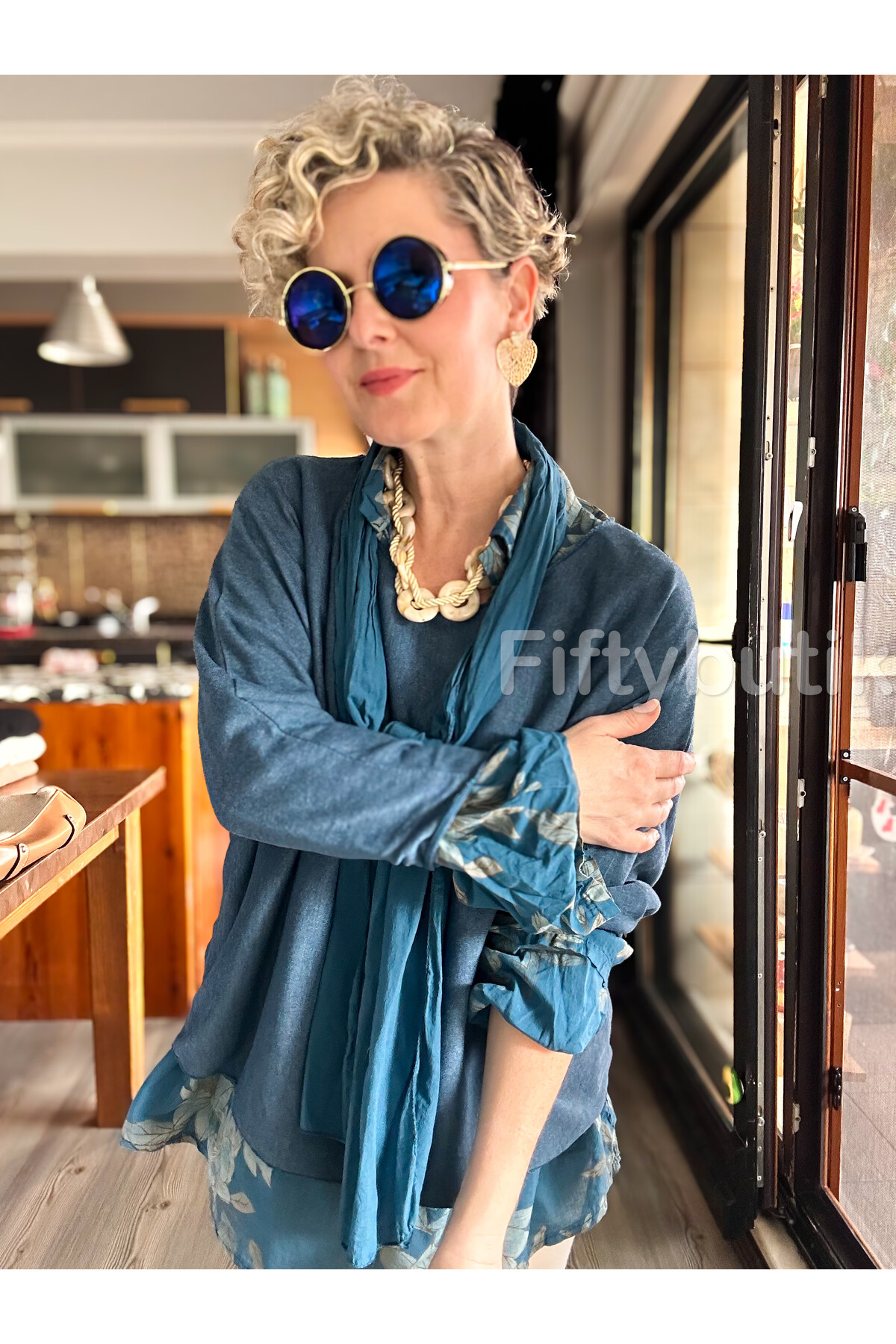 Julli İtalyan Gömlekli Bluz Triko Takım Petrol Mavi