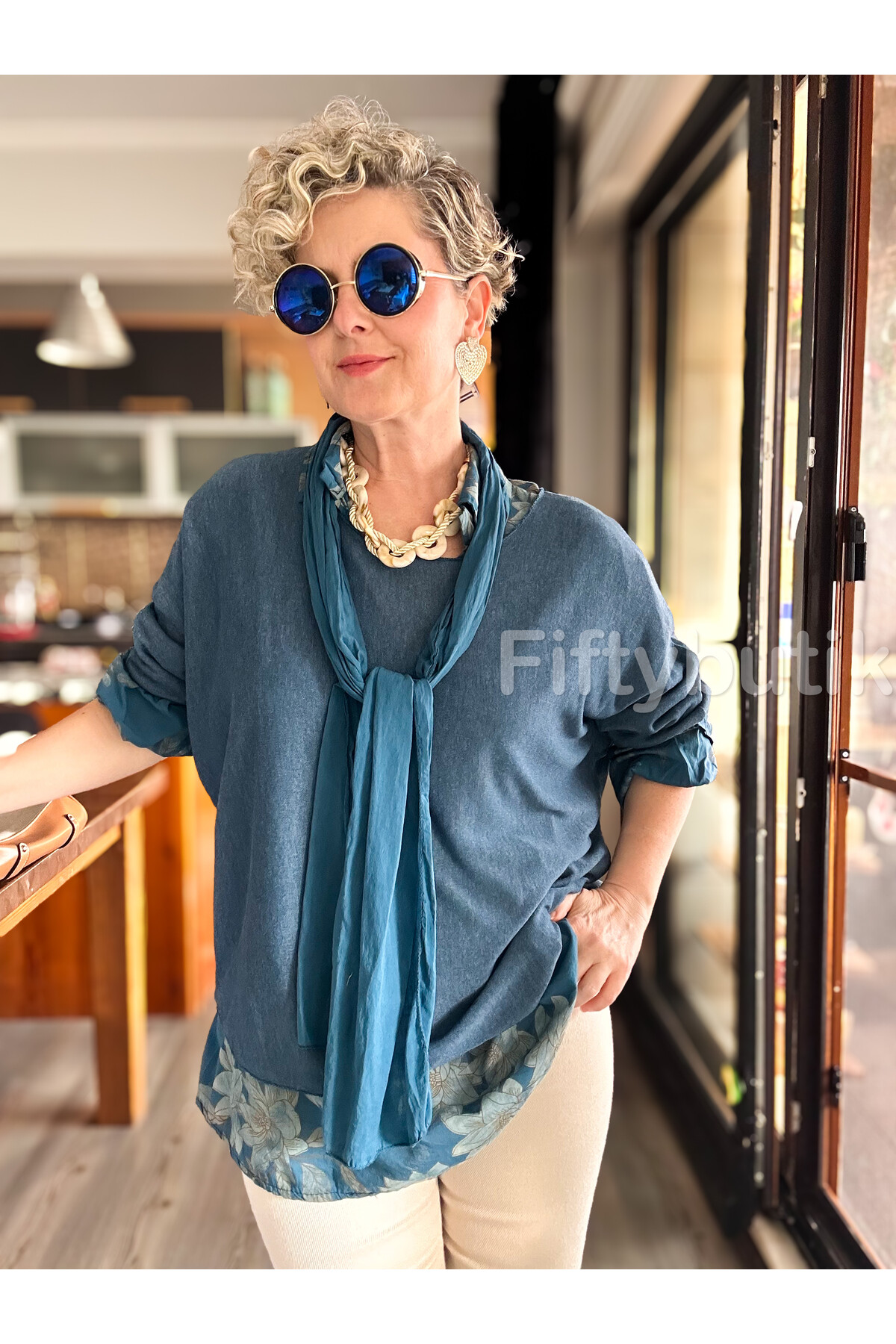 Julli İtalyan Gömlekli Bluz Triko Takım Petrol Mavi