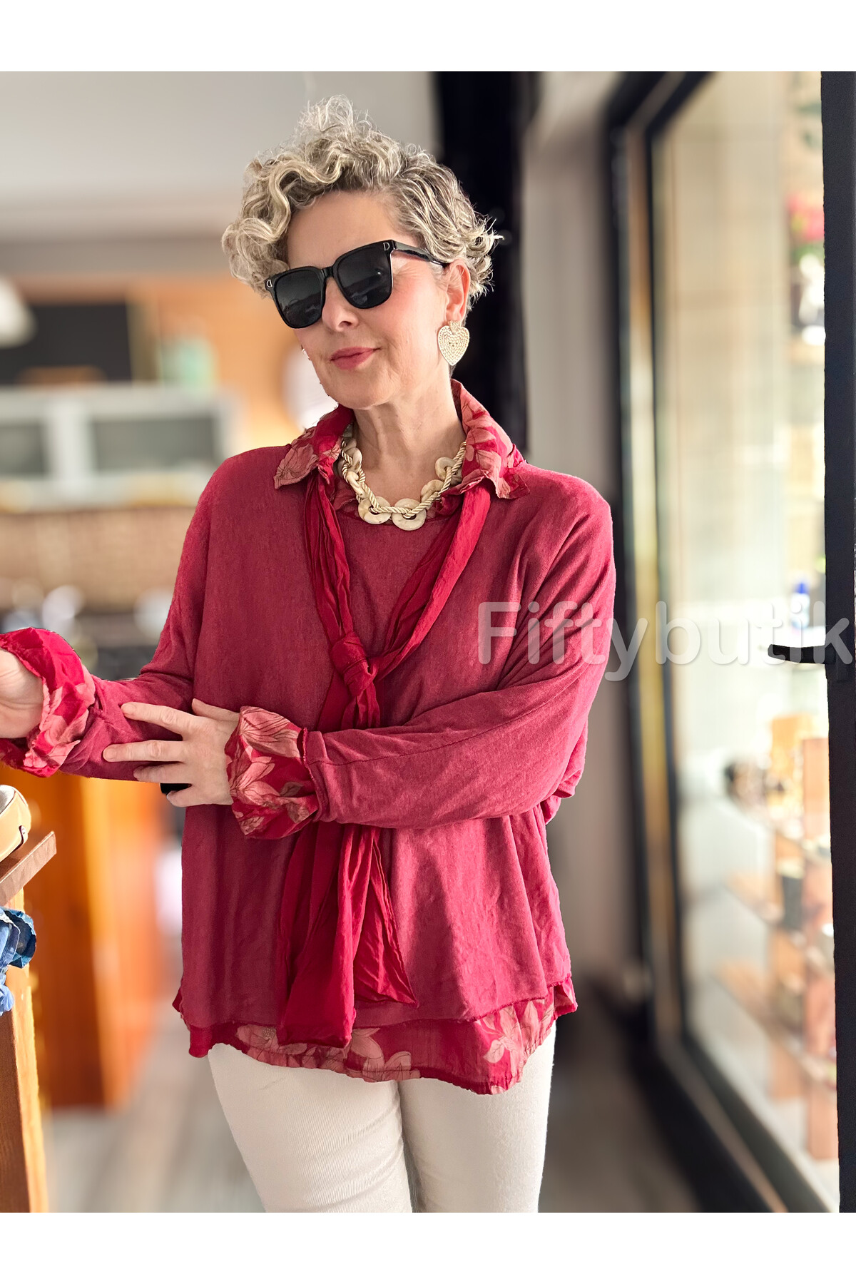 Julli İtalyan Gömlekli Bluz Triko Takım Vişne