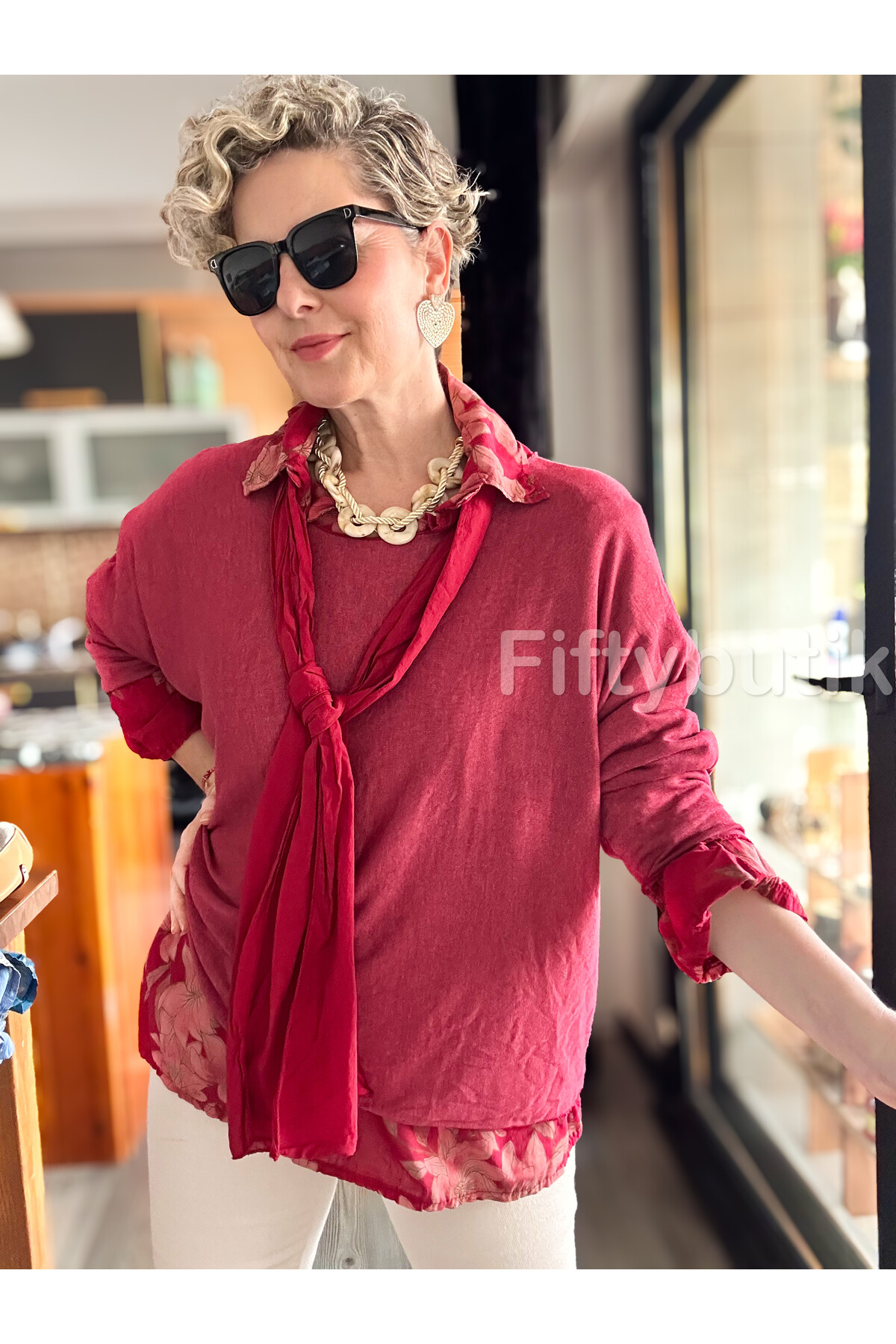 Julli İtalyan Gömlekli Bluz Triko Takım Vişne