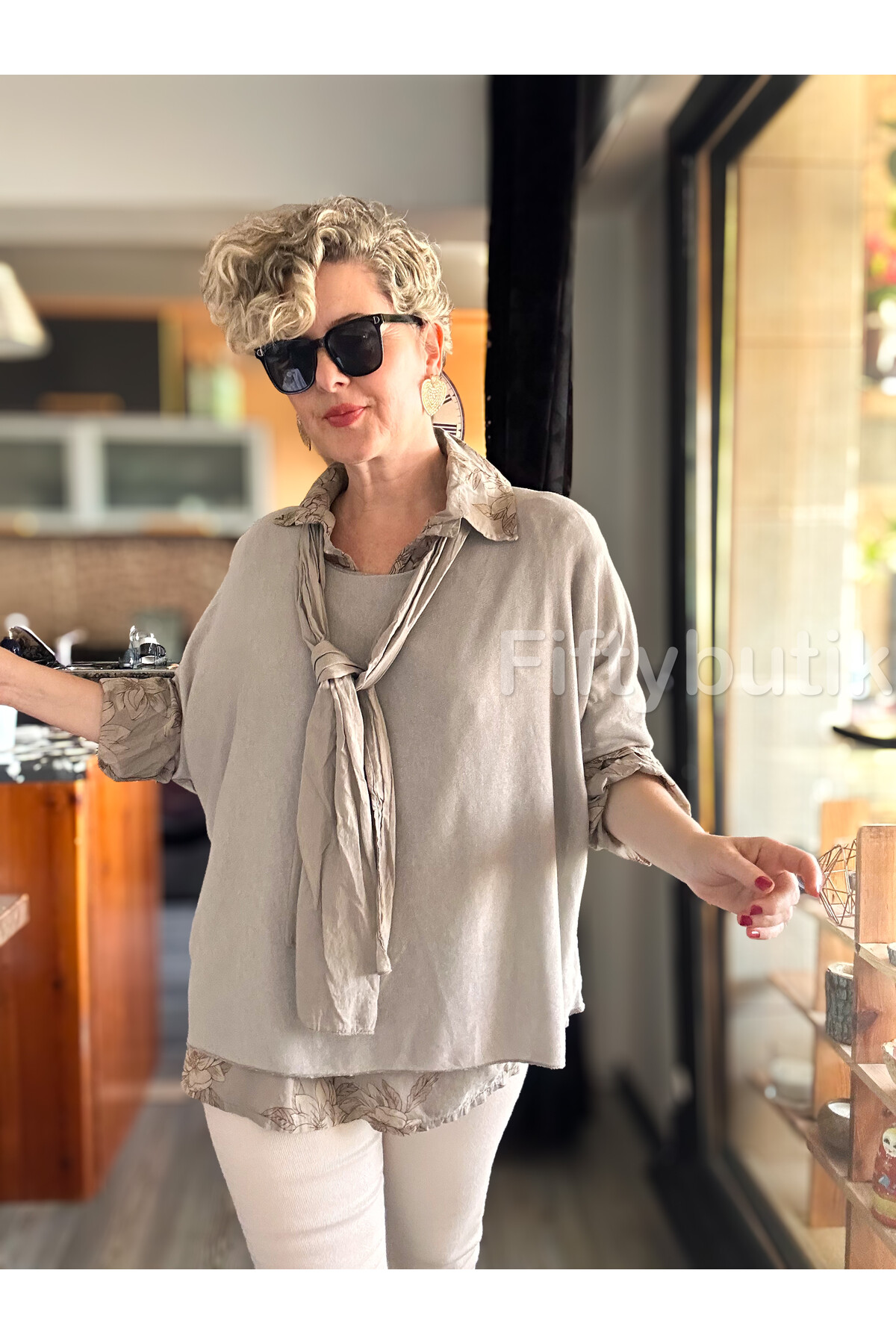 Julli İtalyan Gömlekli Bluz Triko Takım Vizon