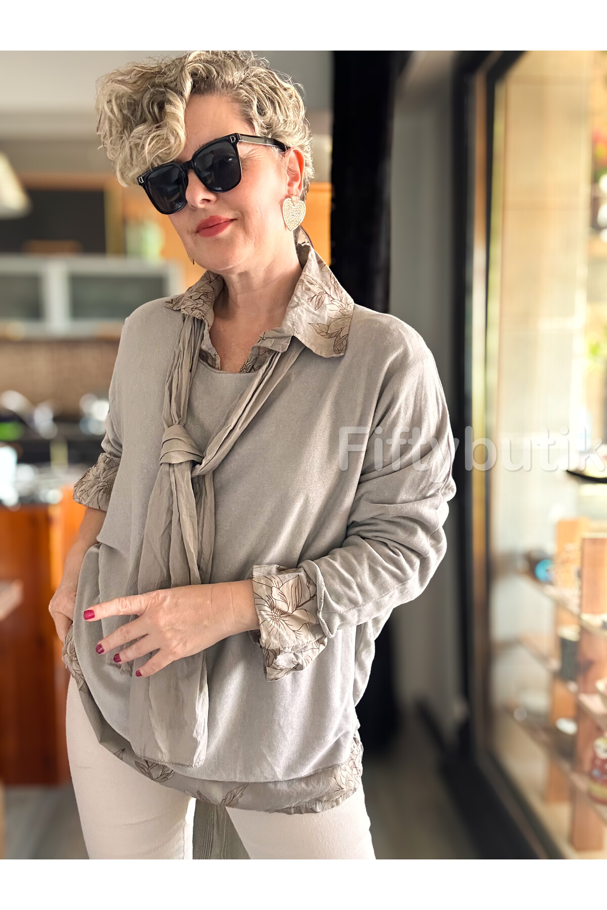 Julli İtalyan Gömlekli Bluz Triko Takım Vizon