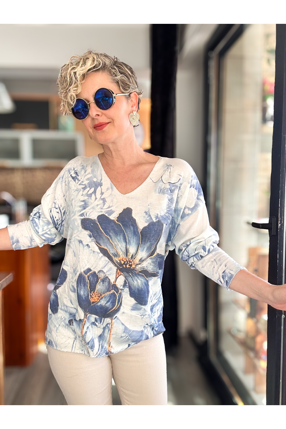 Kuffo İtalyan Çiçek Baskı Desen Triko Bluz