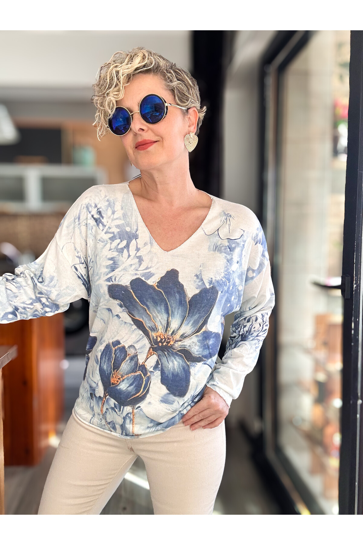 Kuffo İtalyan Çiçek Baskı Desen Triko Bluz