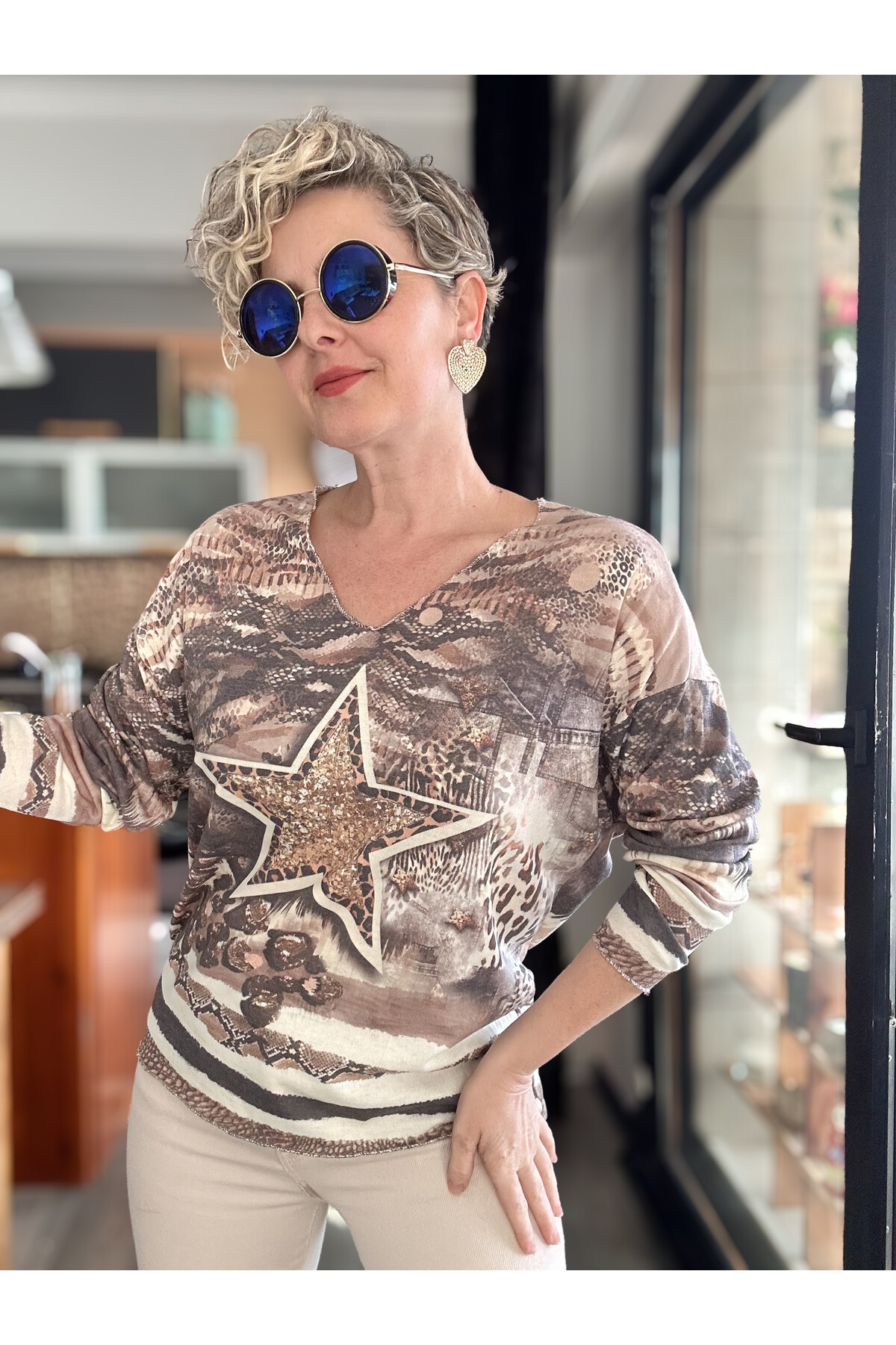 Kuffo İtalyan Yıldız Baskı Desen Triko Bluz