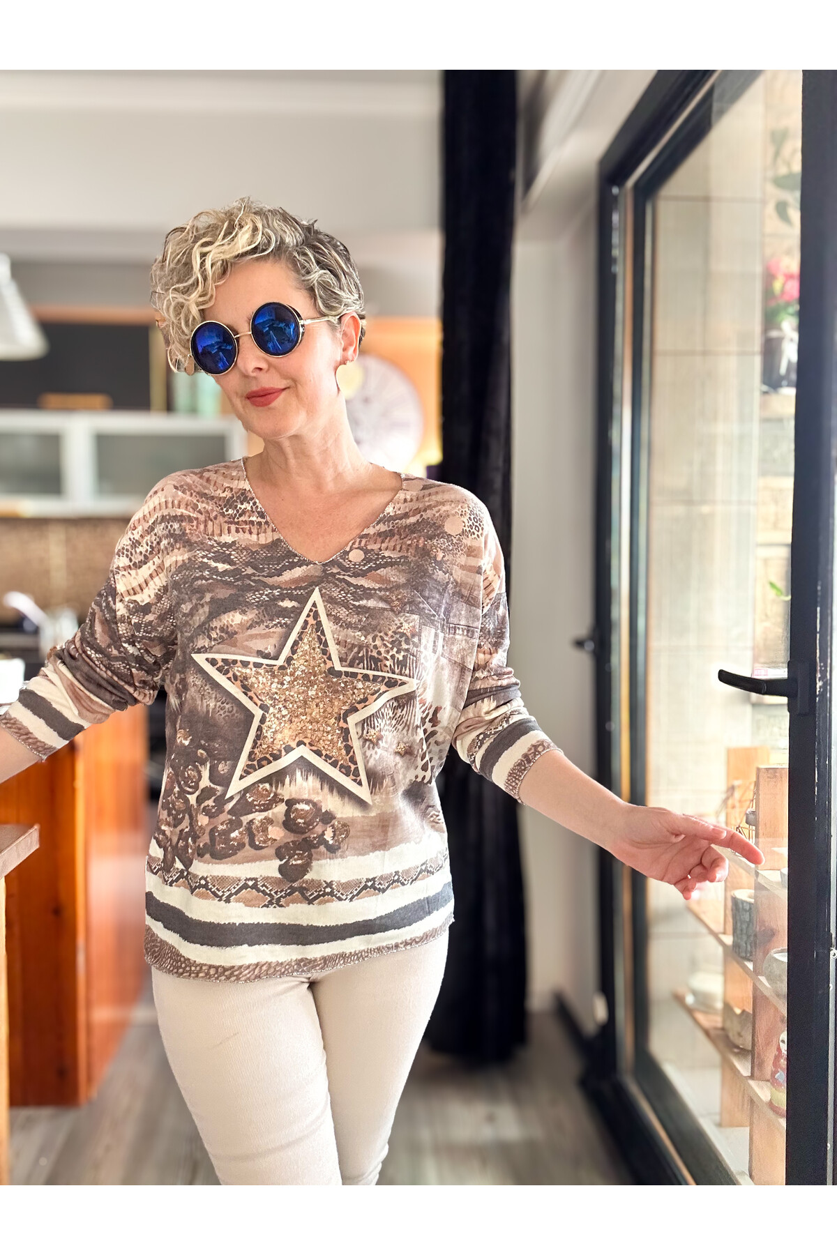 Kuffo İtalyan Yıldız Baskı Desen Triko Bluz