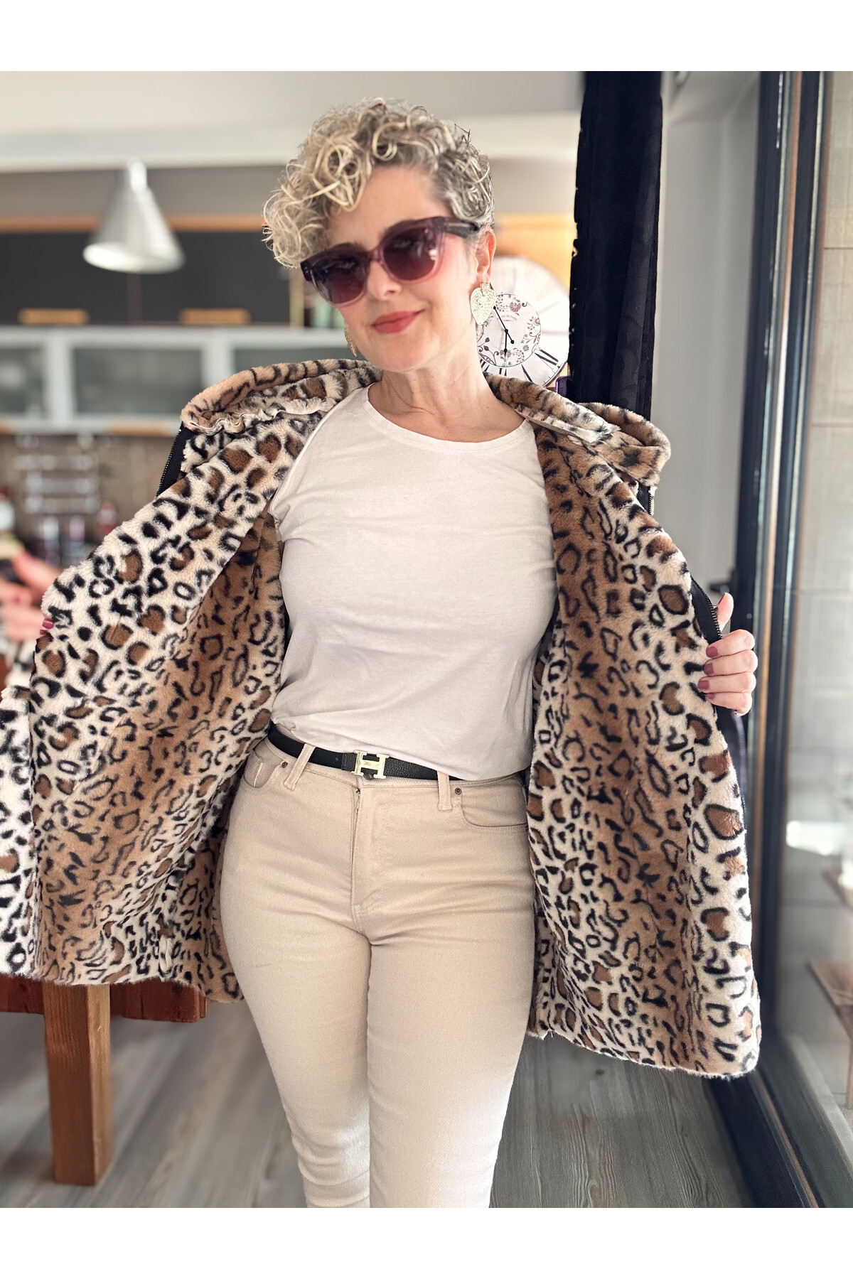 Lappe Leopar Desen İçi Polar Nubuk Kaban Bej