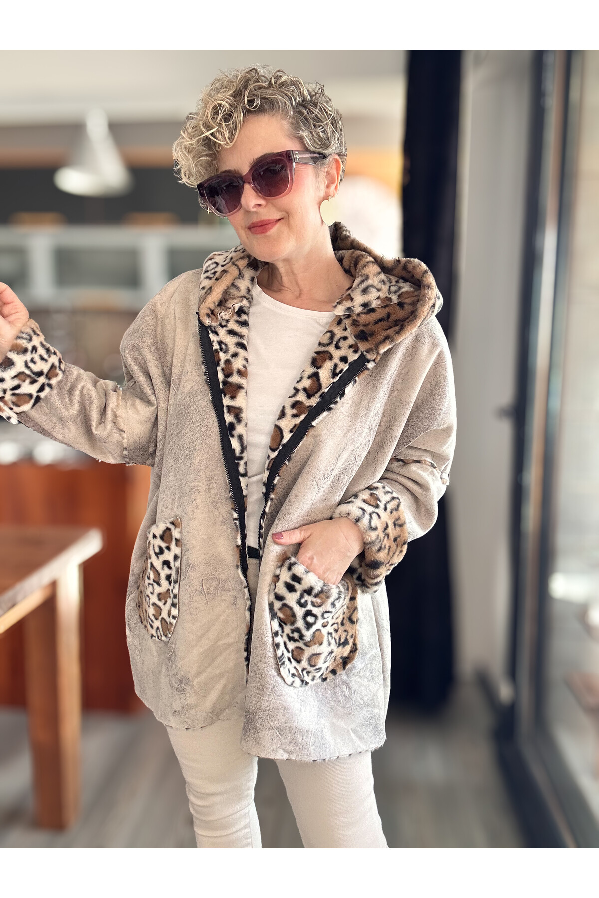 Lappe Leopar Desen İçi Polar Nubuk Kaban Bej