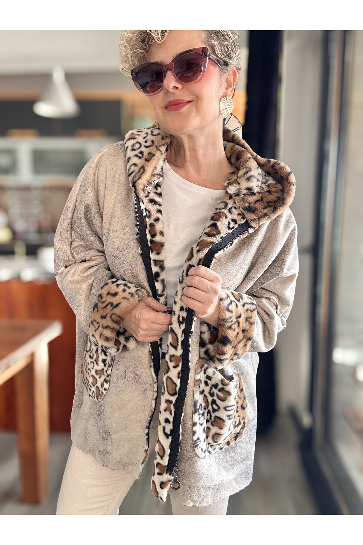 Lappe Leopar Desen İçi Polar Nubuk Kaban Bej