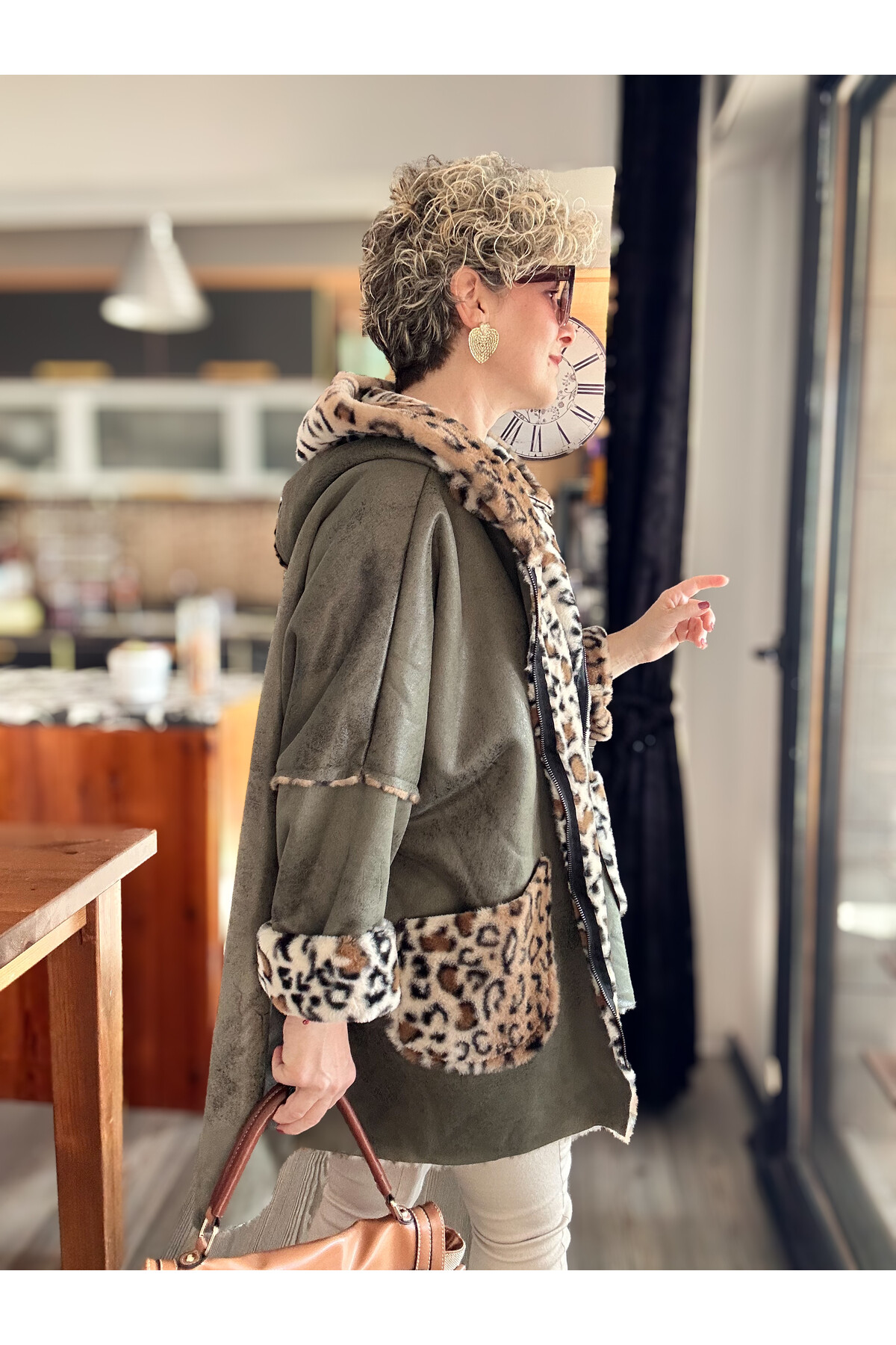 Lappe Leopar Desen İçi Polar Nubuk Kaban Haki