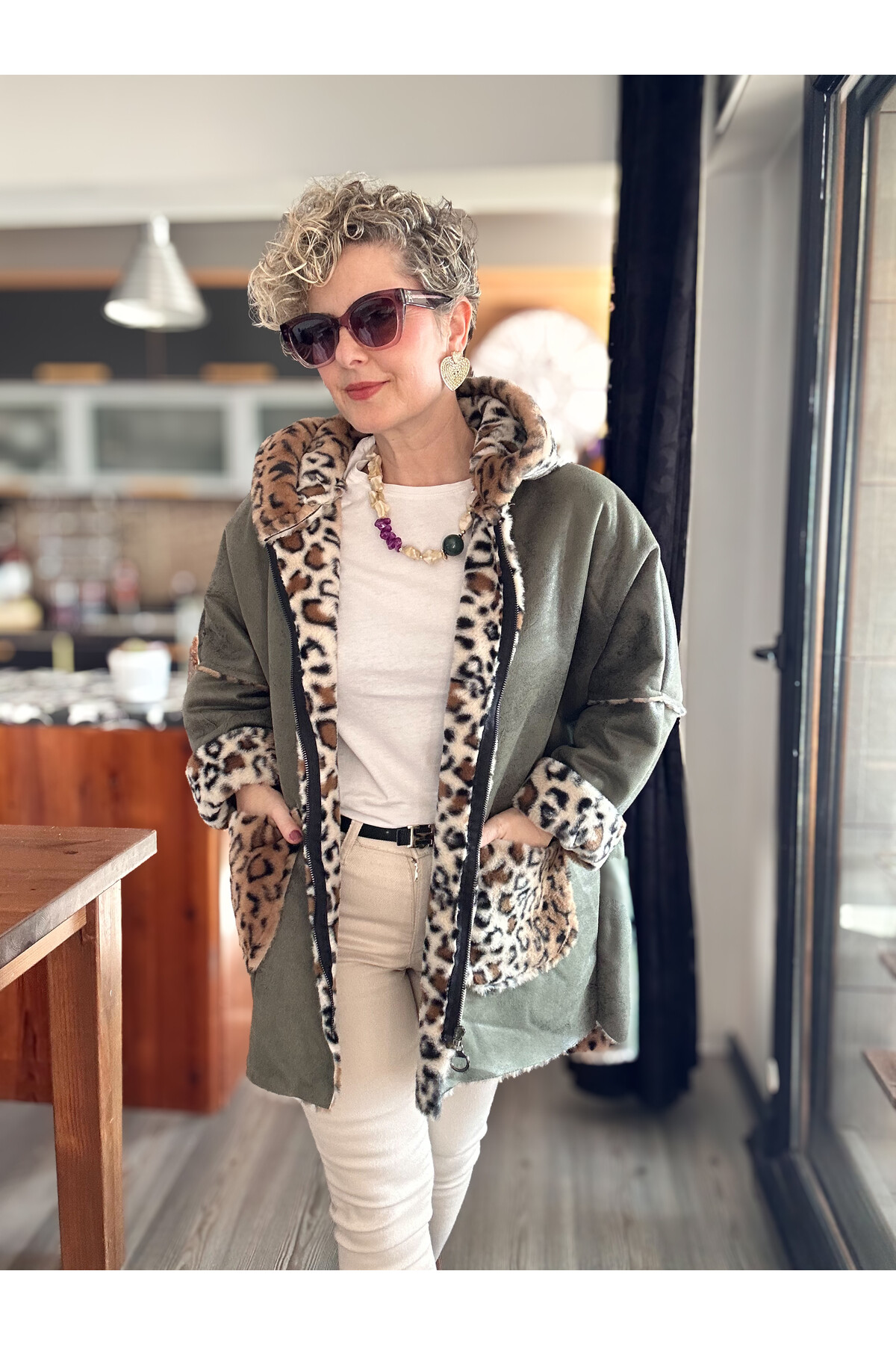 Lappe Leopar Desen İçi Polar Nubuk Kaban Haki