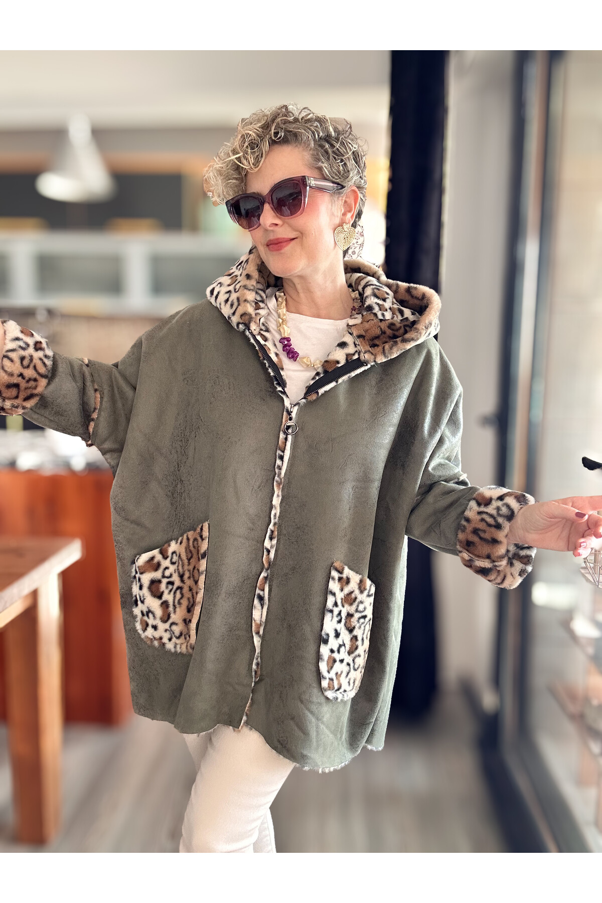 Lappe Leopar Desen İçi Polar Nubuk Kaban Haki