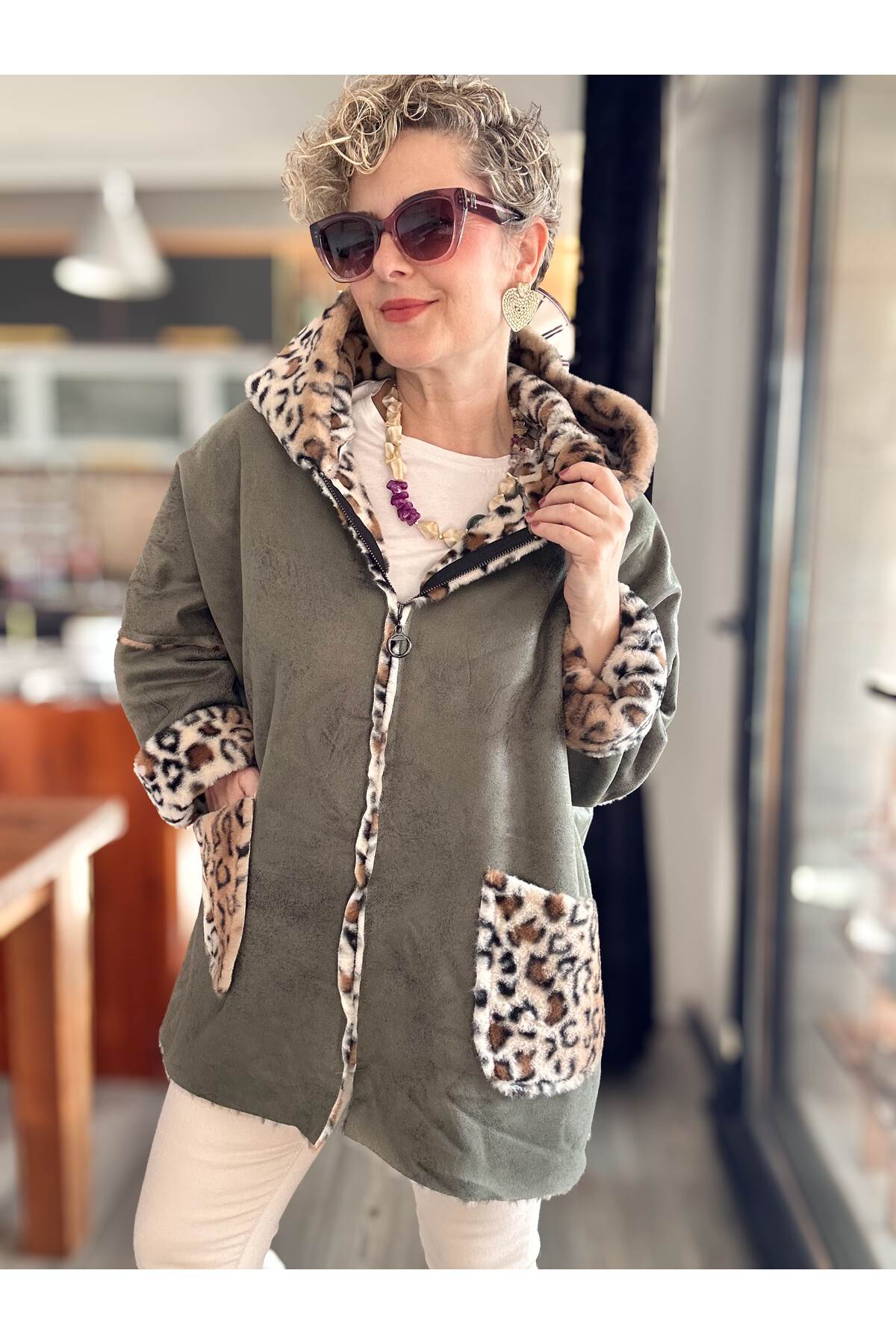 Lappe Leopar Desen İçi Polar Nubuk Kaban Haki