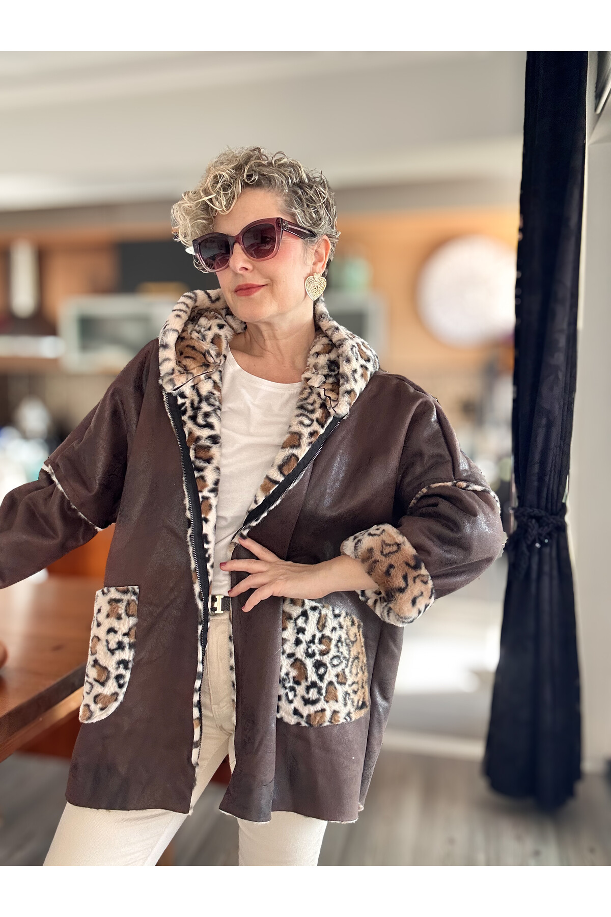 Lappe Leopar Desen İçi Polar Nubuk Kaban Kahverengi