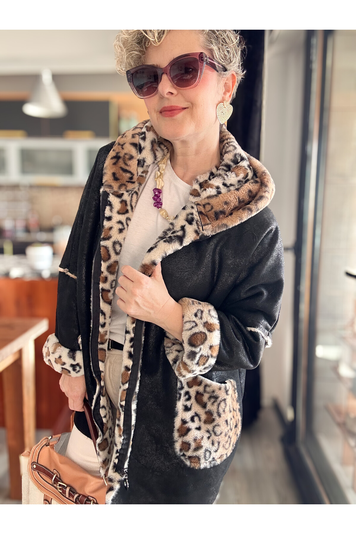 Lappe Leopar Desen İçi Polar Nubuk Kaban Siyah