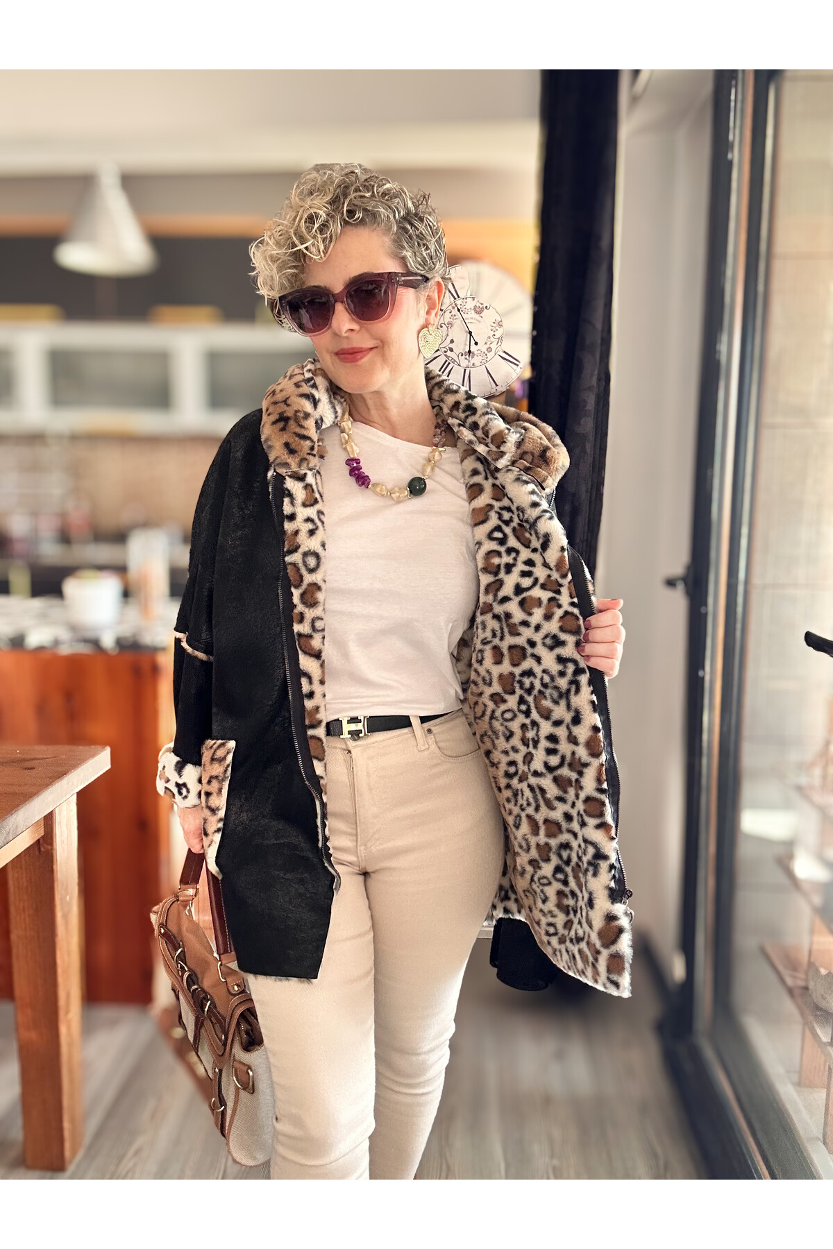 Lappe Leopar Desen İçi Polar Nubuk Kaban Siyah